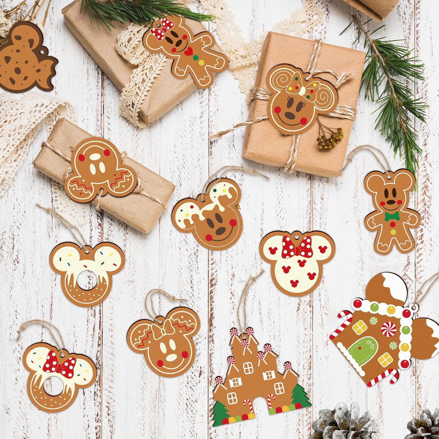 Gingerbread Ornaments for Christmas Tree Decorations, 24pcs Cute Christmas Wooden Gingerbread Man House Mouse Hanging Ornaments for Xmas Home Kitchen Decor Holiday Christmas Tree Party Supplies