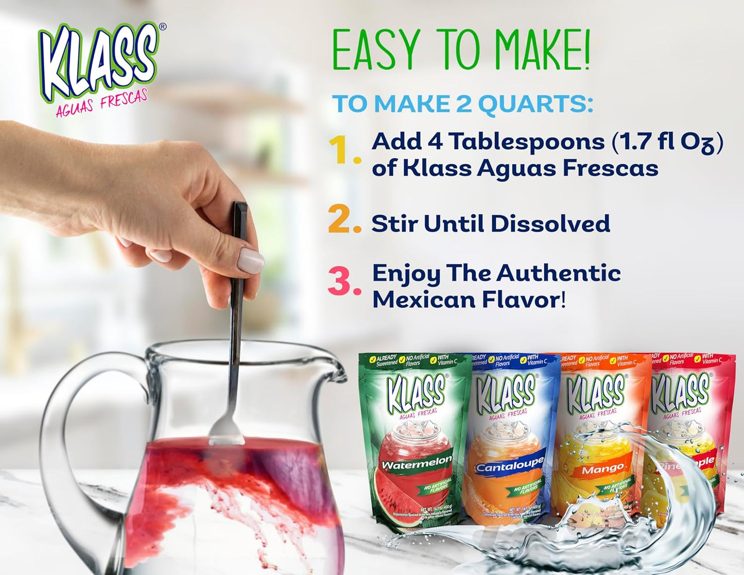 Klass Aguas Frescas | Drink Mix Tropical Variety Pack | Watermelon, Cantaloupe, Mango & Pineapple Drinks Flavors | From Natural Sources, No Artificial Flavors, With Vitamin C (Makes 7 to 9 Quarts) 14.1 Oz Family Pack (4-Pack)