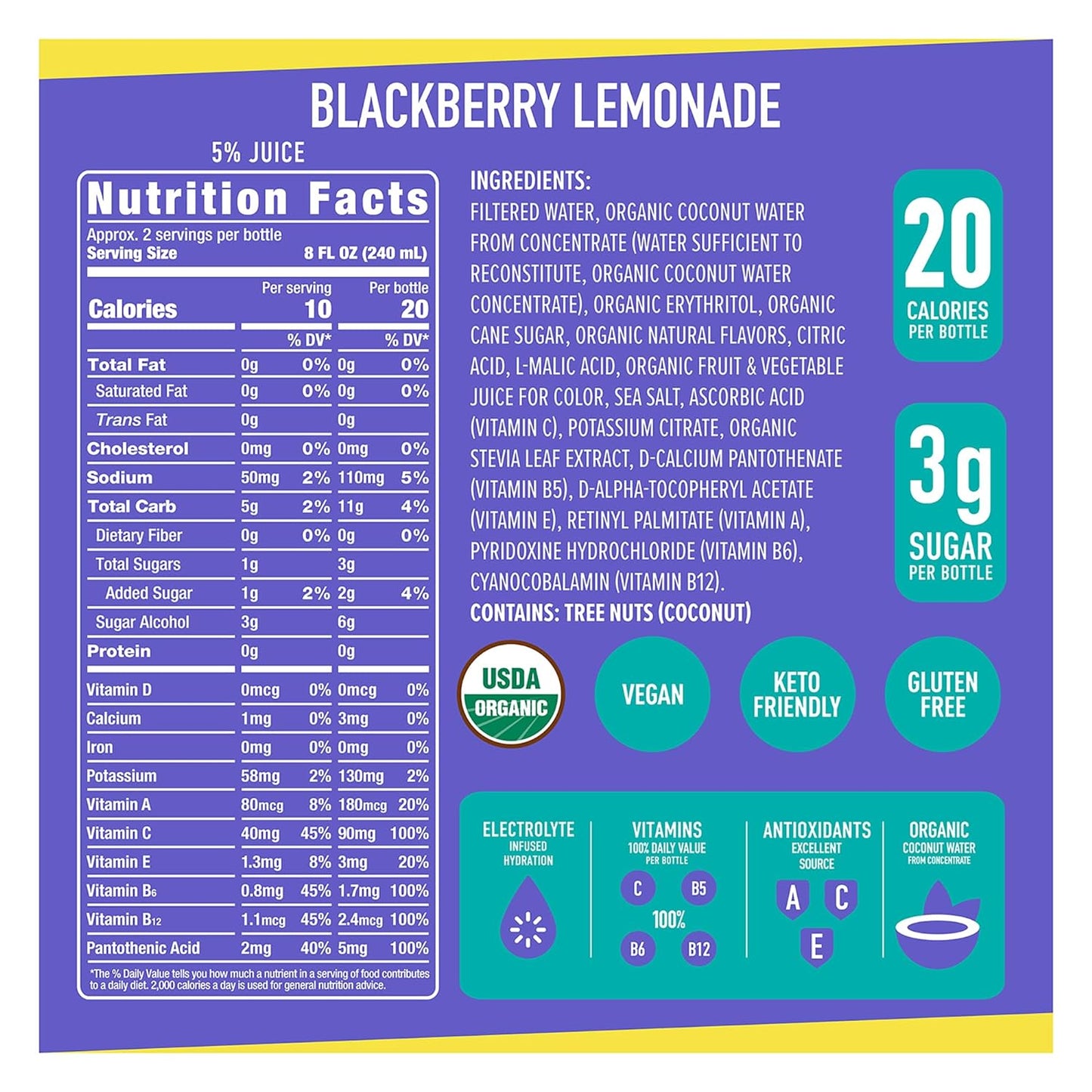 ROAR Complete Hydration Organic - Electrolyte Drinks Loaded with Vitamins C, B5, B12 - Non-GMO, Gluten-Free - Blackberry Lemonade - 12 pc