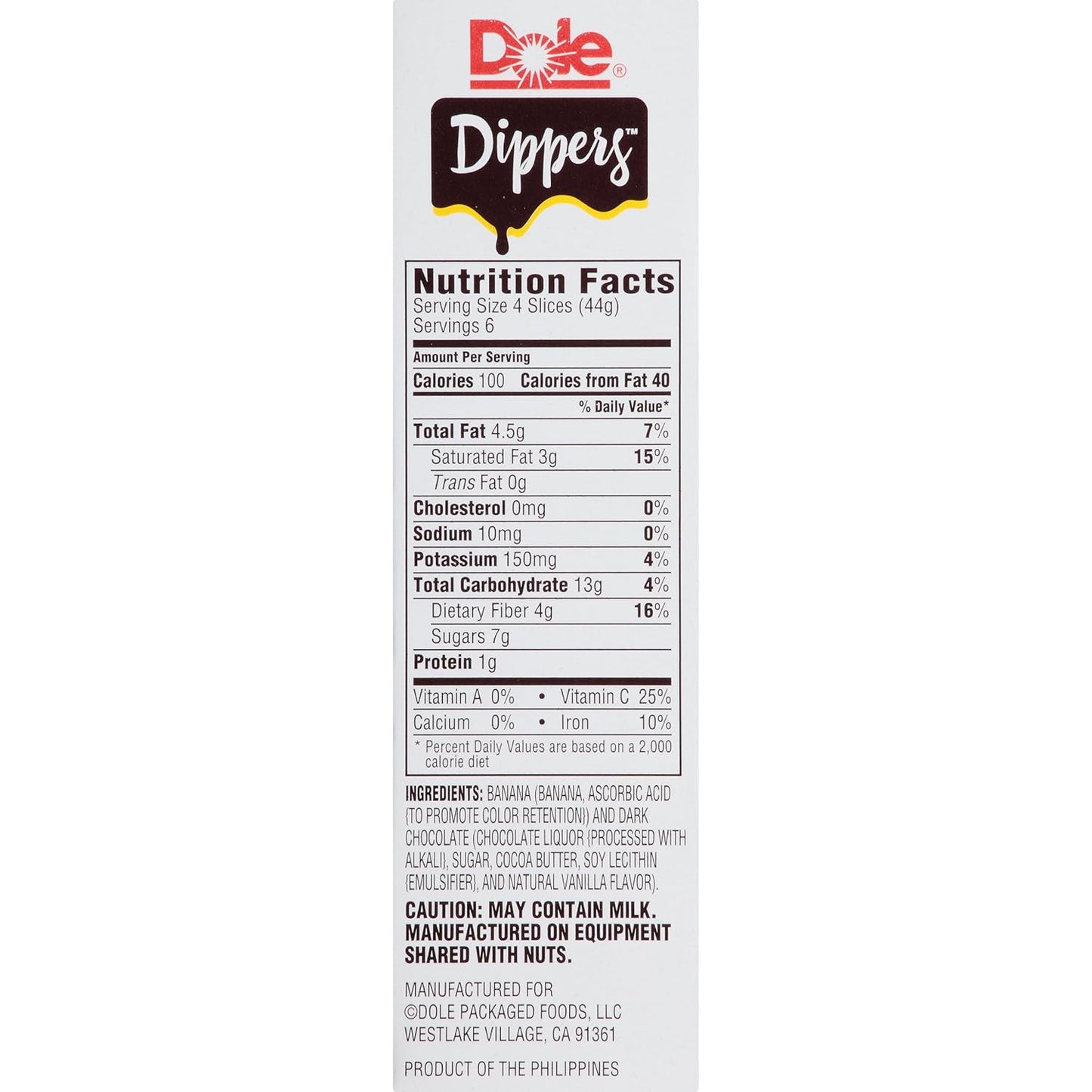 Dole Frozen Dark Chocolate Dippers, Dark Chocolate Covered Banana Slices, 1.55 Oz Pack, 6 Snacks