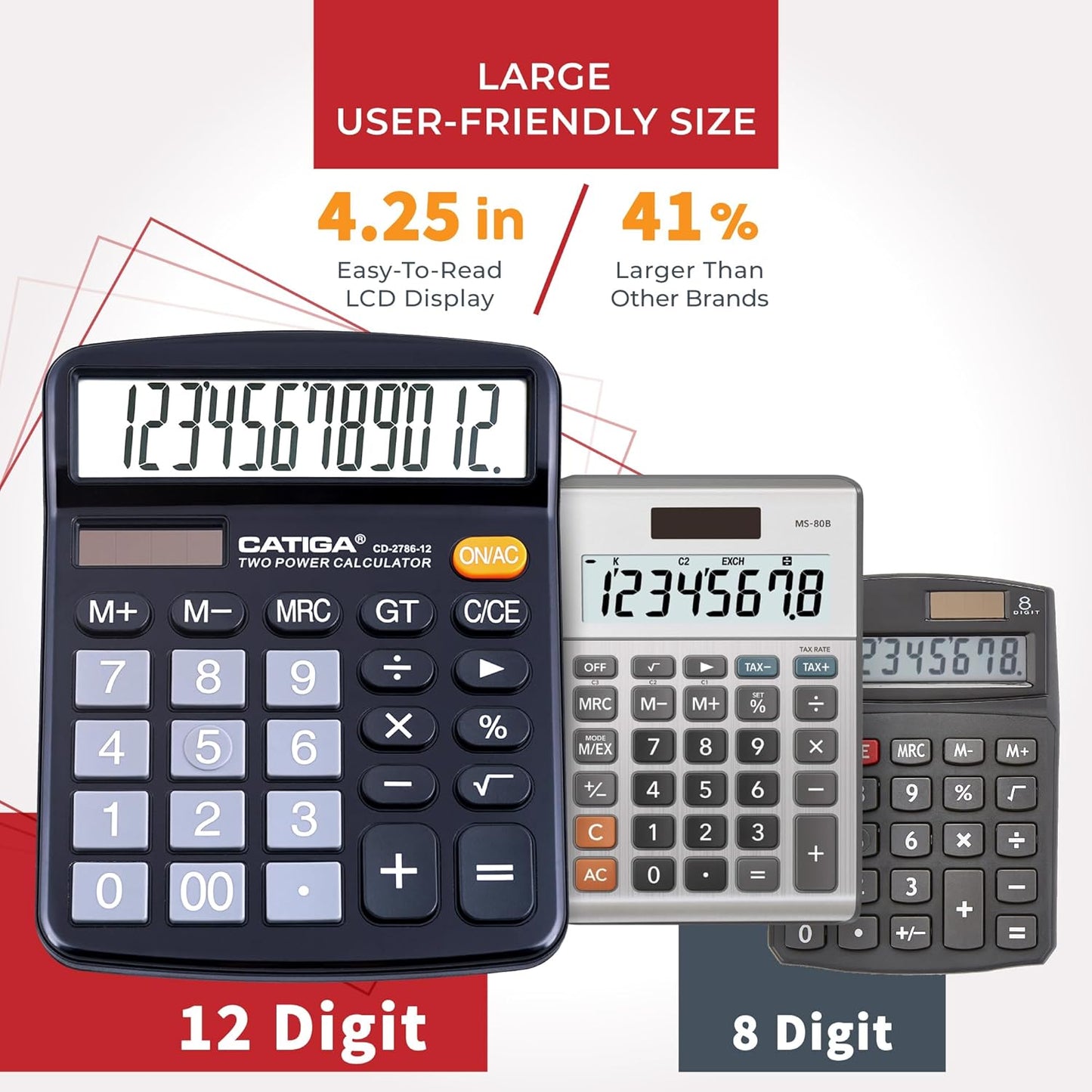 CATIGA 12 Digits Desktop Calculator with Large LCD Display and Sensitive Button, Dual Solar Power and Battery, Standard Function for Office, Home, School, CD-2786
