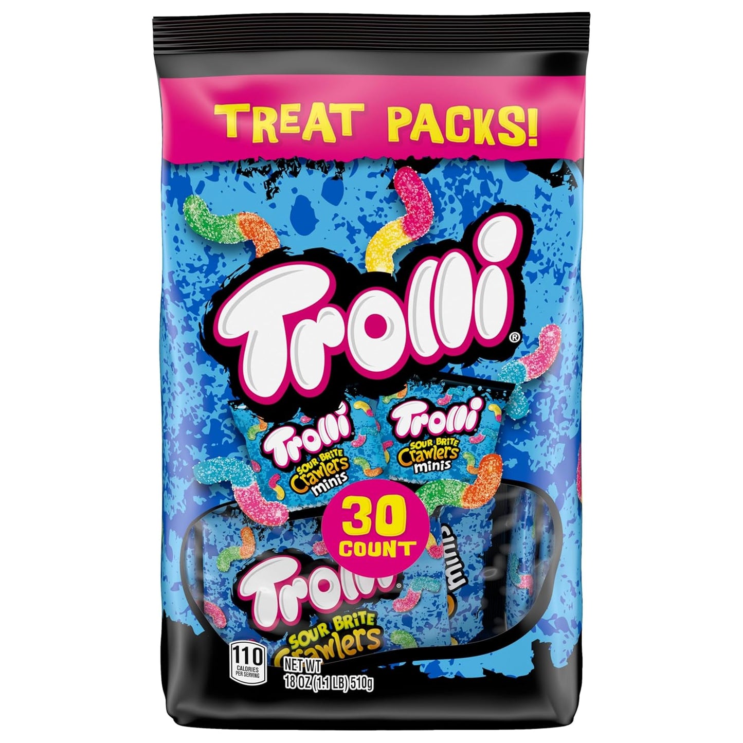 Trolli Mini Sour Brite Crawlers, Candy, Cherry-Lemon, Strawberry-Grape & Orange-Lime, Sweet and Sour, Gummy Worms, Halloween Candy Variety Pack Trick-or-Treat Assortment, 18 oz (30 ct)