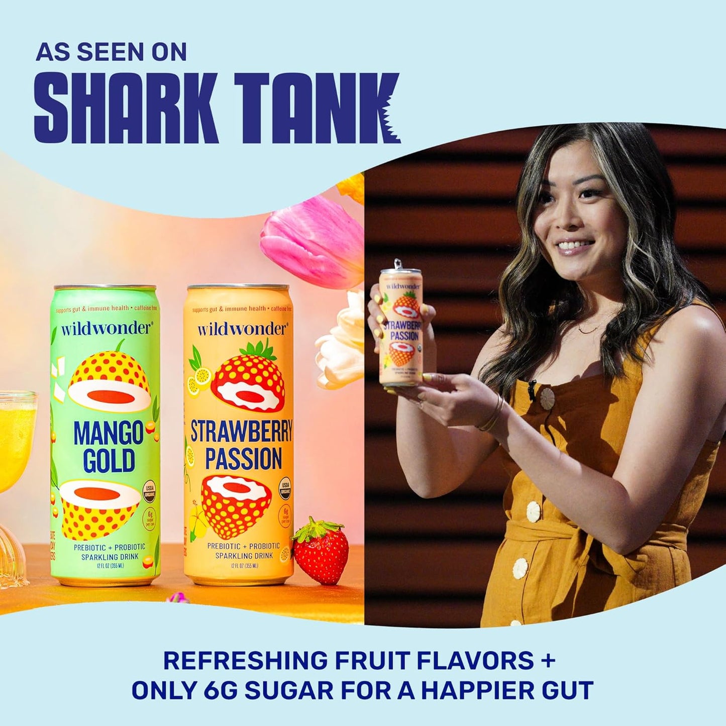 wildwonder Sparkling Probiotic Juice Drink w/Gut Health Immunity, Digestion Support, 5g Fiber, Live Probiotics, Caffeine Free, Organic, Low Sugar, 12pk 12oz, Strawberry Passion, As Seen on Shark Tank