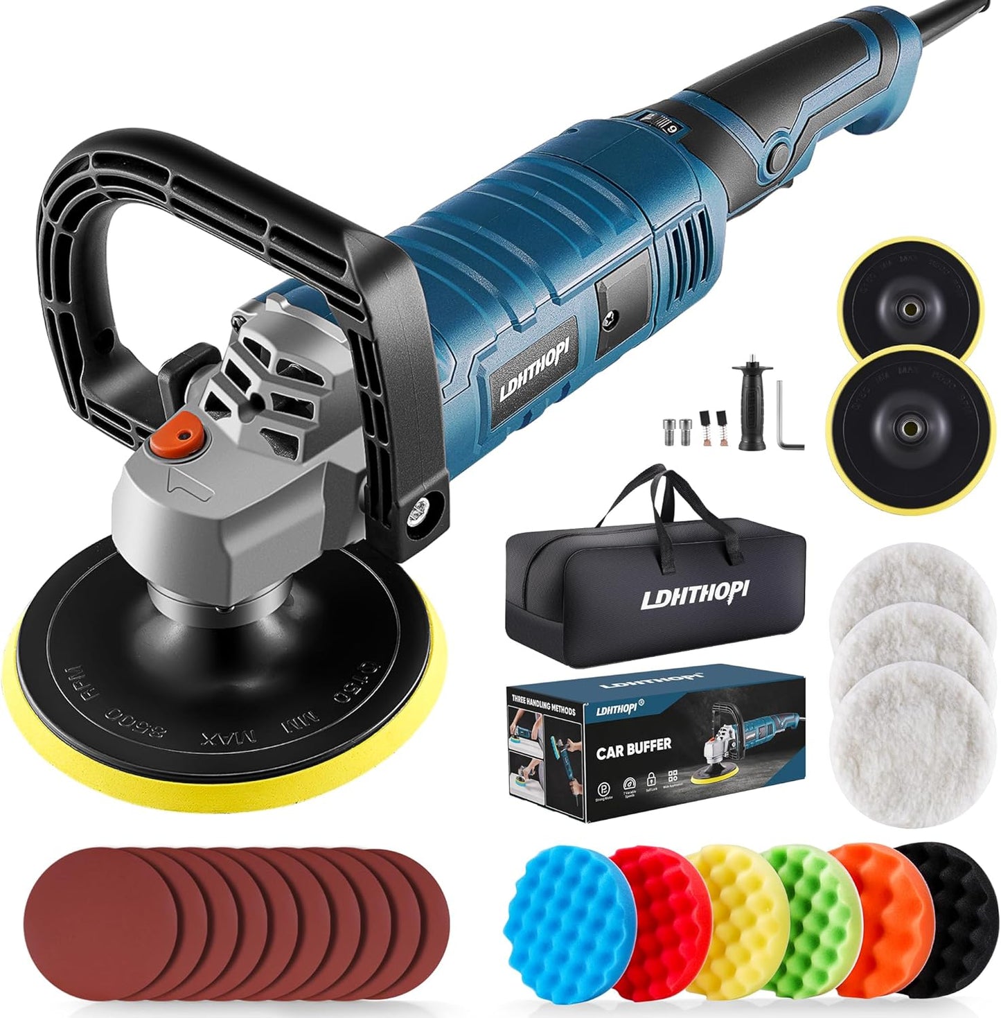 Buffer Polisher, 1600W 7 Inch/6 Inch Rotary Buffer Polisher Waxer, 7 Variable Speed 1000-3500 RPM, Detachable Handle for Car, Boat Sanding, Polishing, Waxing