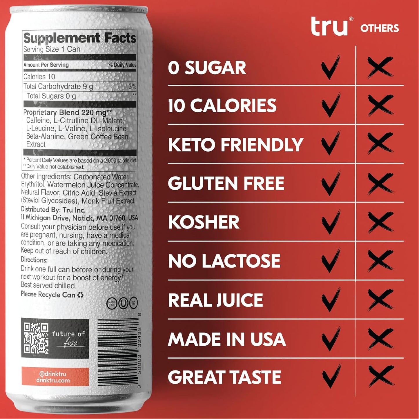 Tru Power Seltzer, BCAA Pre Workout Drinks with Green Coffee, Watermelon Fruit Juice Flavored Sparkling Water, 100 mg Natural Caffeine, Kosher, Gluten Free, Vegan, Low Calories, No Sugar Added Beverages, 12oz (Pack of 12)