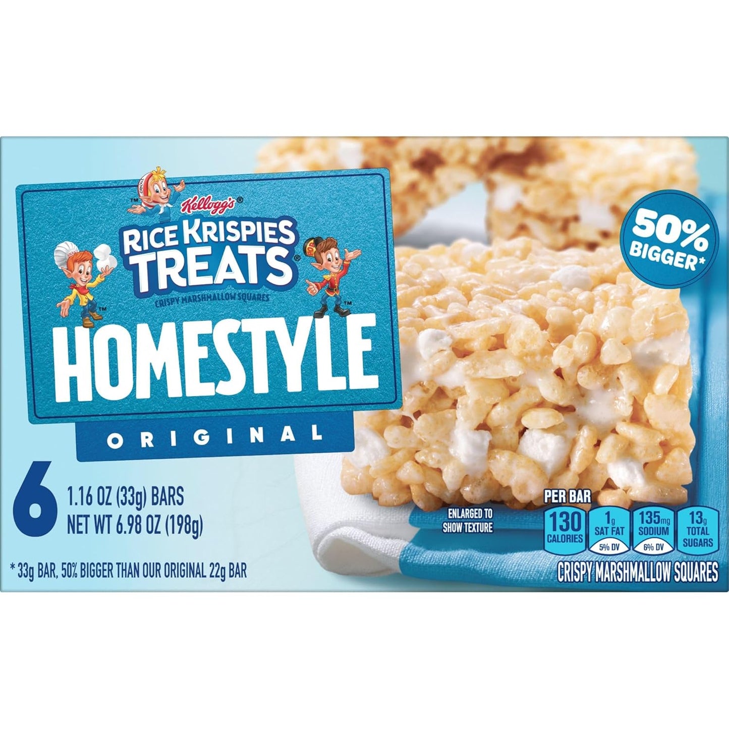 Rice Krispies Treats Homestyle Crispy Marshmallow Squares, Kids Snacks, Cereal Bars, Original, 6.98oz Box (6 Bars)
