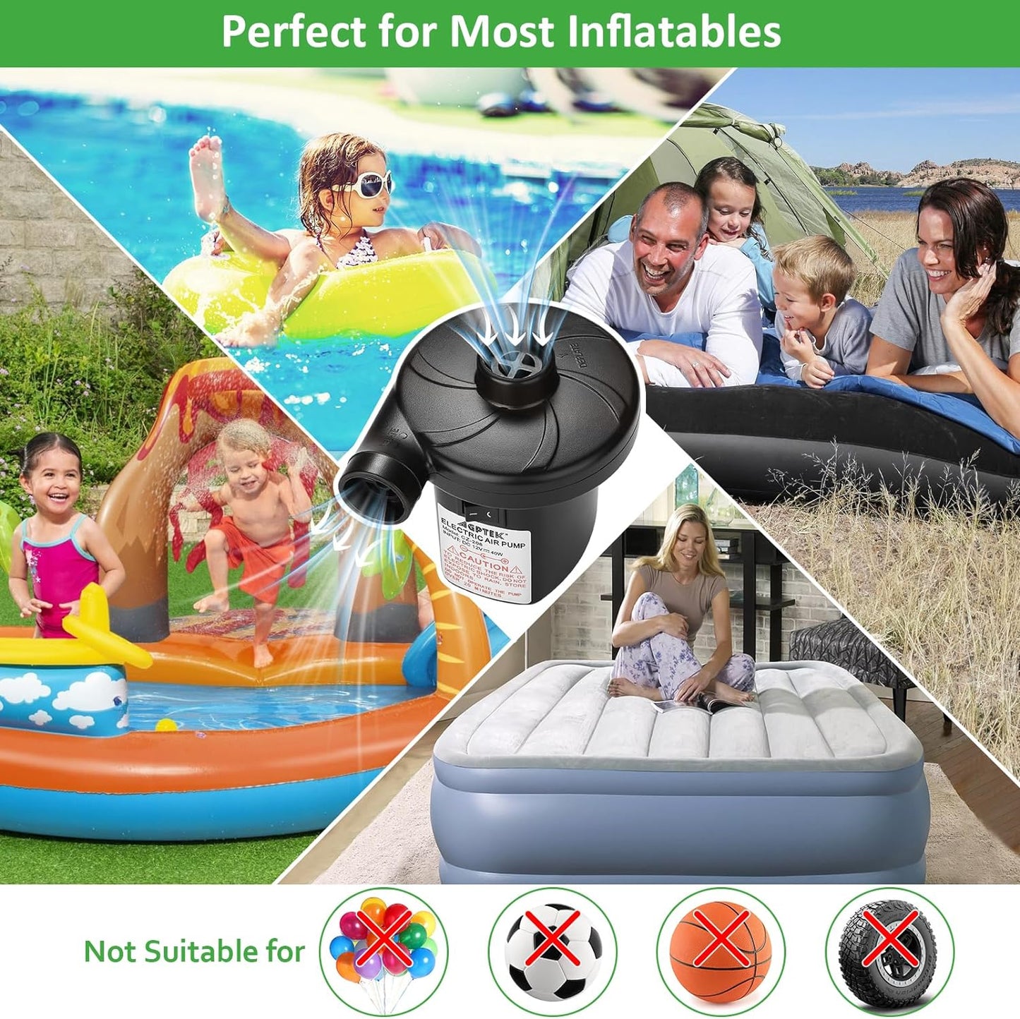 AGPTEK Electric Air Pump, Portable Quick-Fill Air Pump with 3 Nozzles, 4.5kPa, 110V AC/12V DC, Inflator/Deflator Pumps for Outdoor Camping, Inflatable Air Mattress Beds, Boats, Swimming Ring
