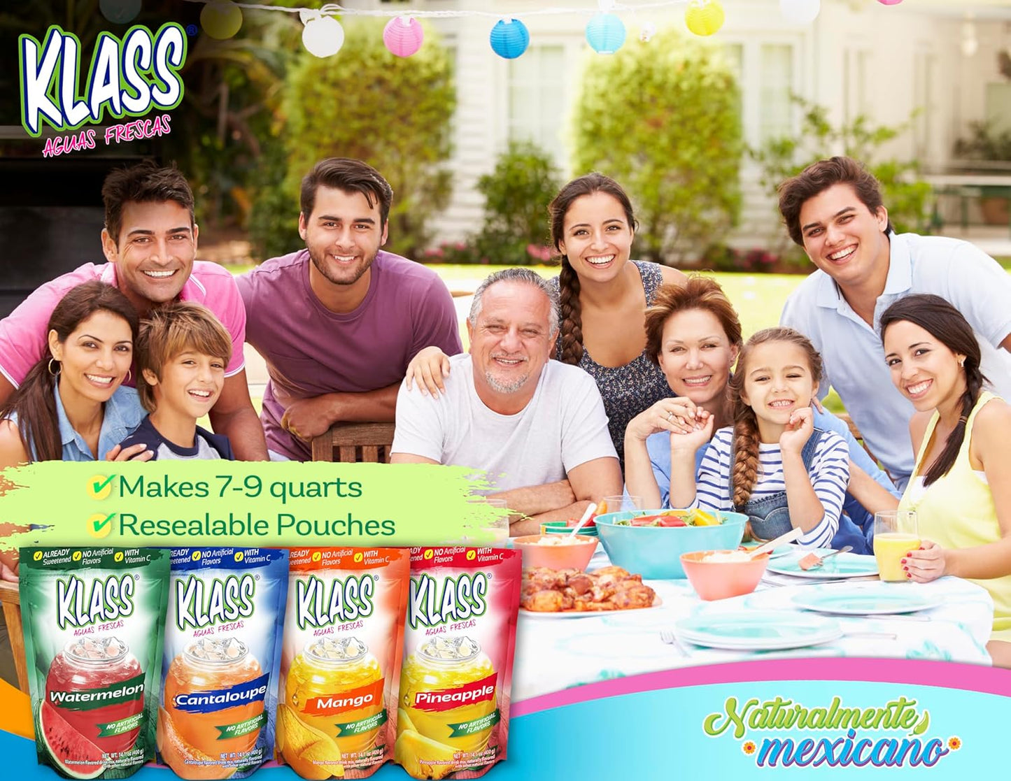 Klass Aguas Frescas | Drink Mix Tropical Variety Pack | Watermelon, Cantaloupe, Mango & Pineapple Drinks Flavors | From Natural Sources, No Artificial Flavors, With Vitamin C (Makes 7 to 9 Quarts) 14.1 Oz Family Pack (4-Pack)