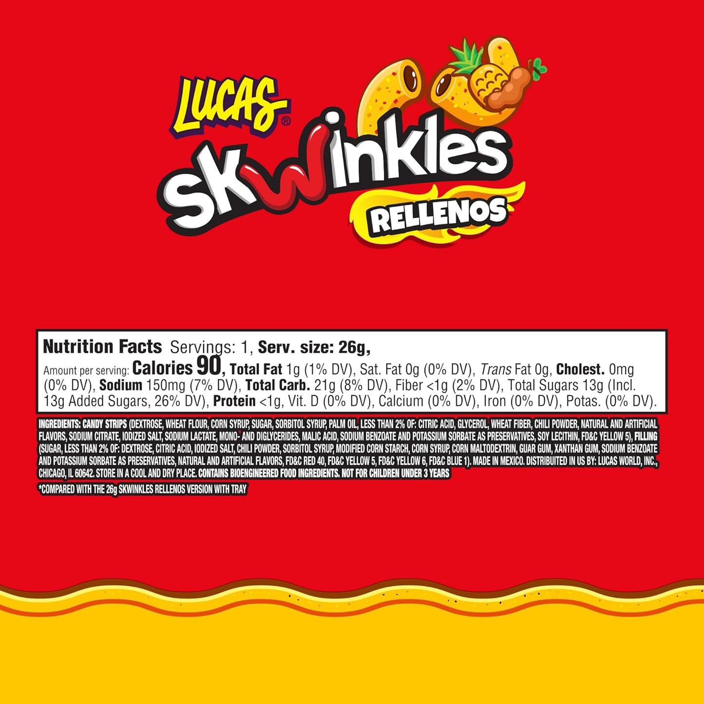 Lucas Skwinkles Pineapple - Tamarind Filled Flavored Sweet & Sour Candy Strips, 0.92oz - 12 Pieces for Treats, Fruit, Parties, Piñatas