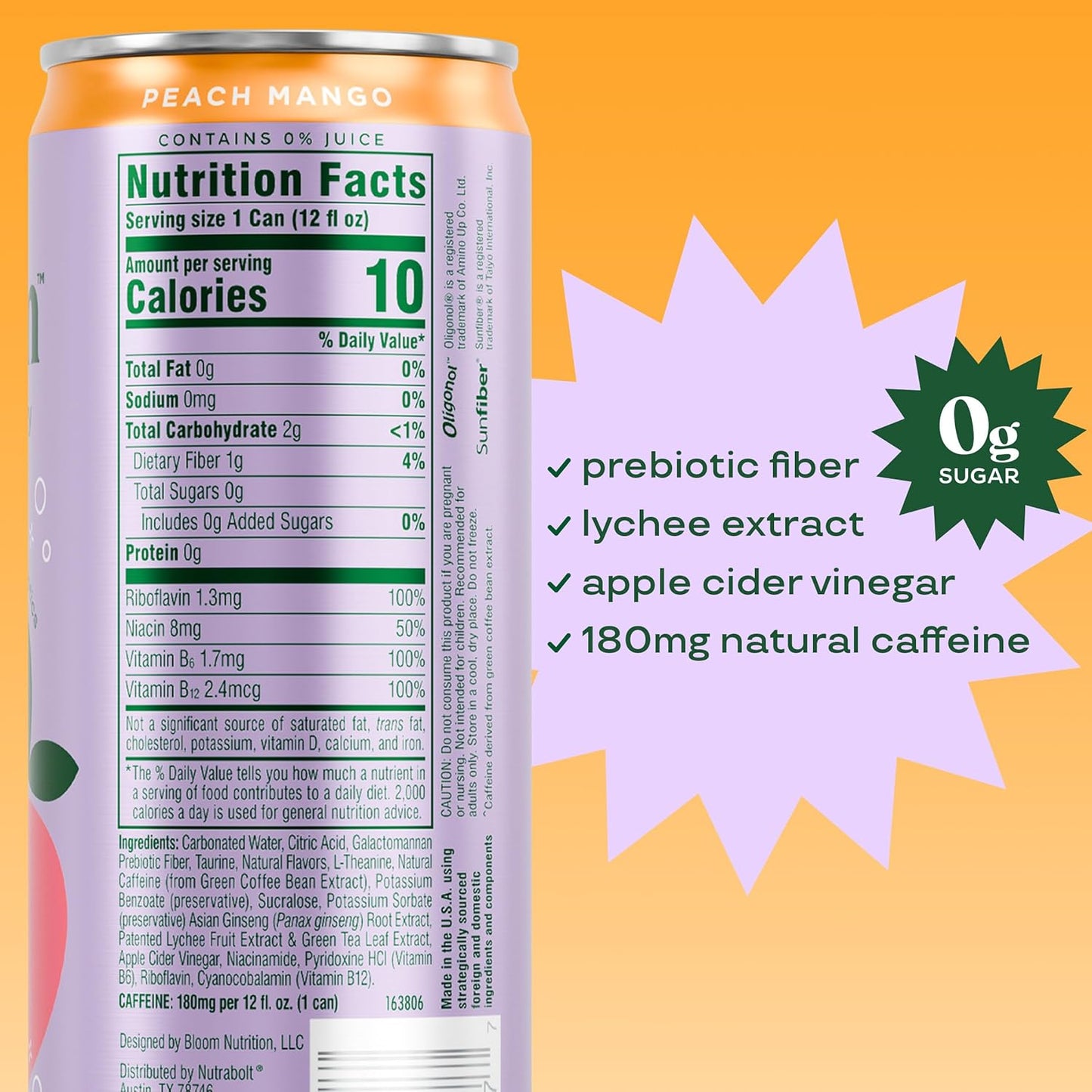 Bloom Sparkling Energy Drink - Natural Caffeine, Zero Sugar, 180mg Caffeine - Antioxidant-Rich w/Green Coffee Bean, Green Tea Extract, Prebiotics - Wellness Beverage for Focus & Metabolism 12oz 12 pk