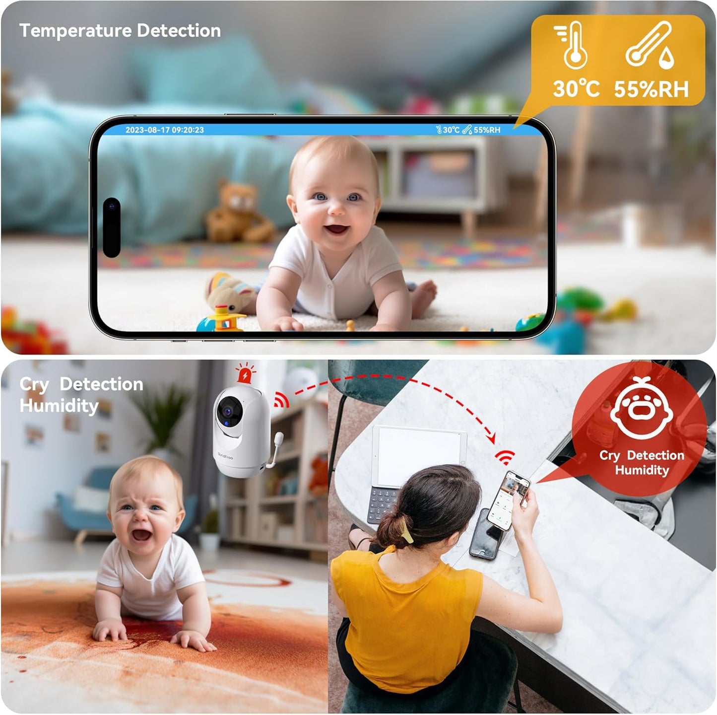 BondFree Baby Monitor with Camera and Audio, 2K Smart Baby Monitor with App, Temperature& Humidity, 2-Way Talk, 3MP Night Vision, 14 Lullabies,Cry & Motion Detection, 4X Zoom-5Ghz WiFi Baby Monitor