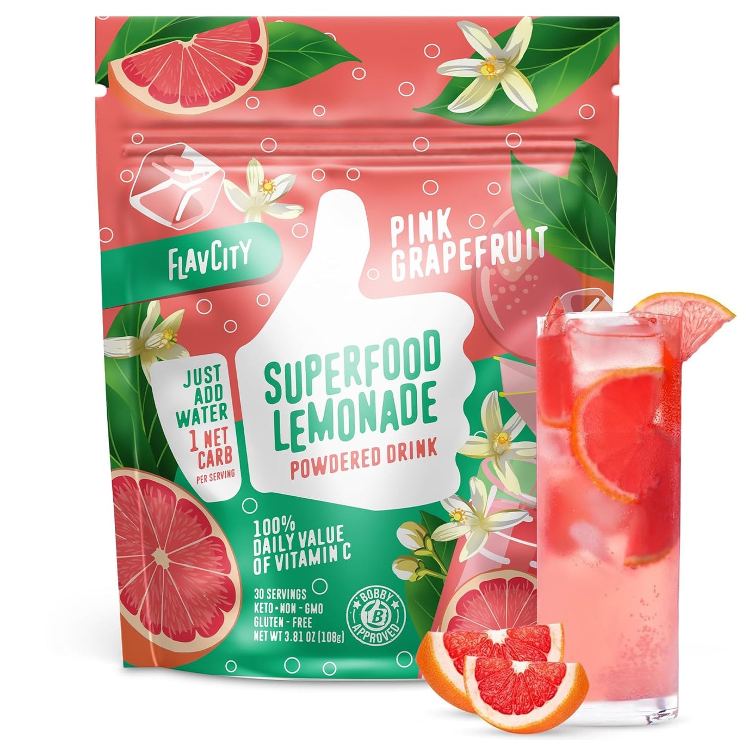FlavCity Superfood Lemonade Pink Grapefruit Powdered Drink, 30 Servings – Sugar-Free Lemonade Powder Drink Mix - Keto, Vegan, Gluten-Free & Non-GMO
