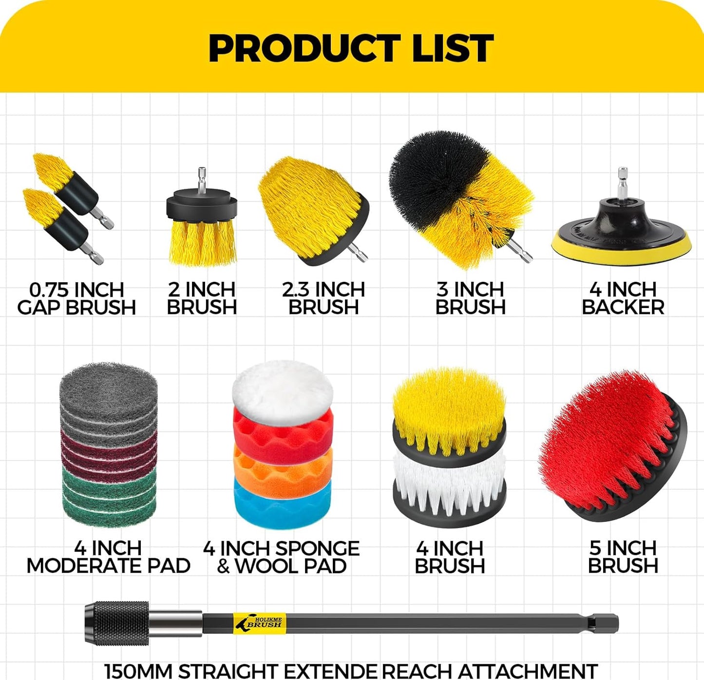 Holikme 23Pack Drill Brush Attachments Set, Scrub Pads & Sponge, Buffing Pads, Power Scrubber Brush with Extend Long Attachment, Car Polishing Pad Kit,Cleaning Supplies,Shower Scrub,Scratch Brushes