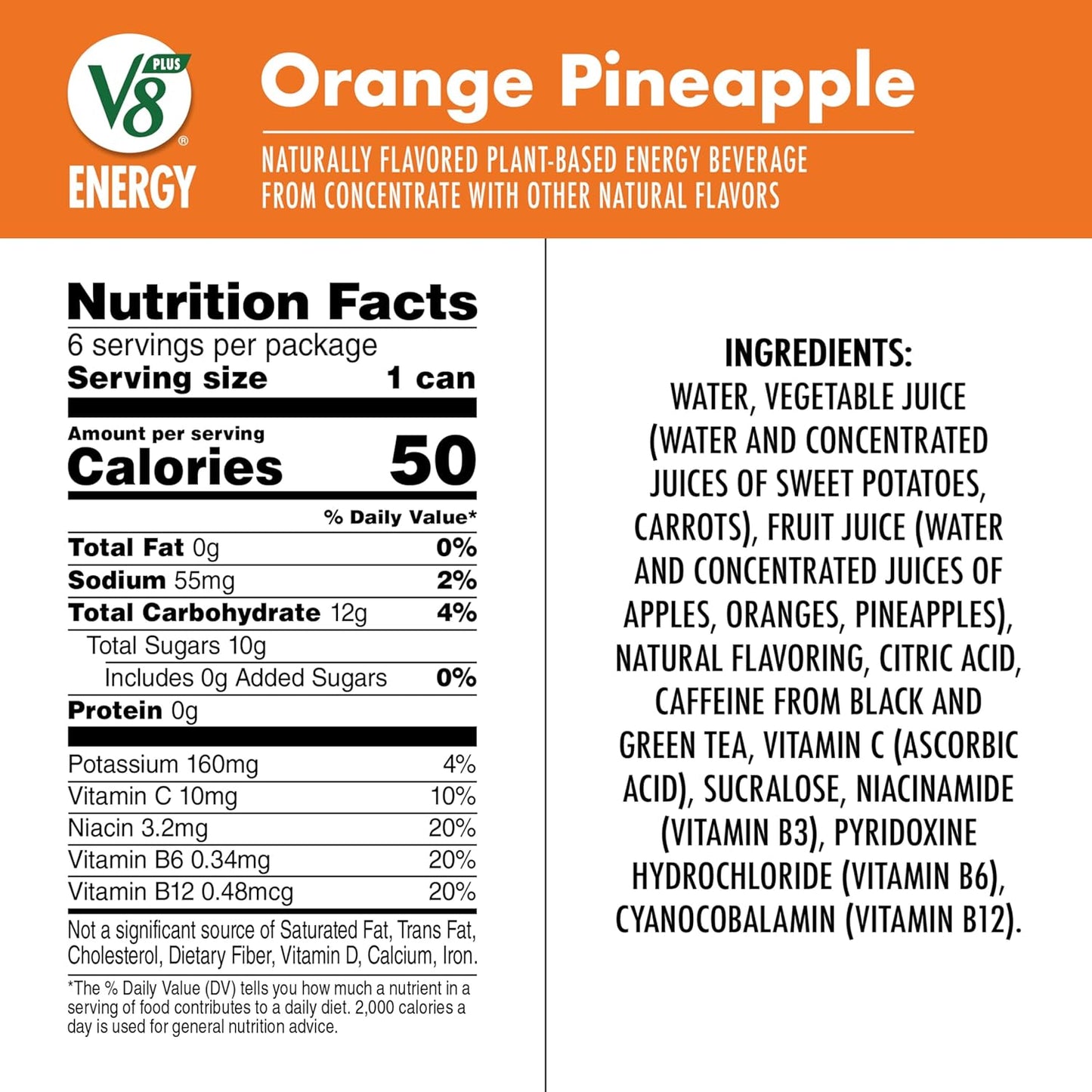 V8 +Energy Orange Pineapple Juice Energy Drink, 8 fl oz Can (24 Pack)