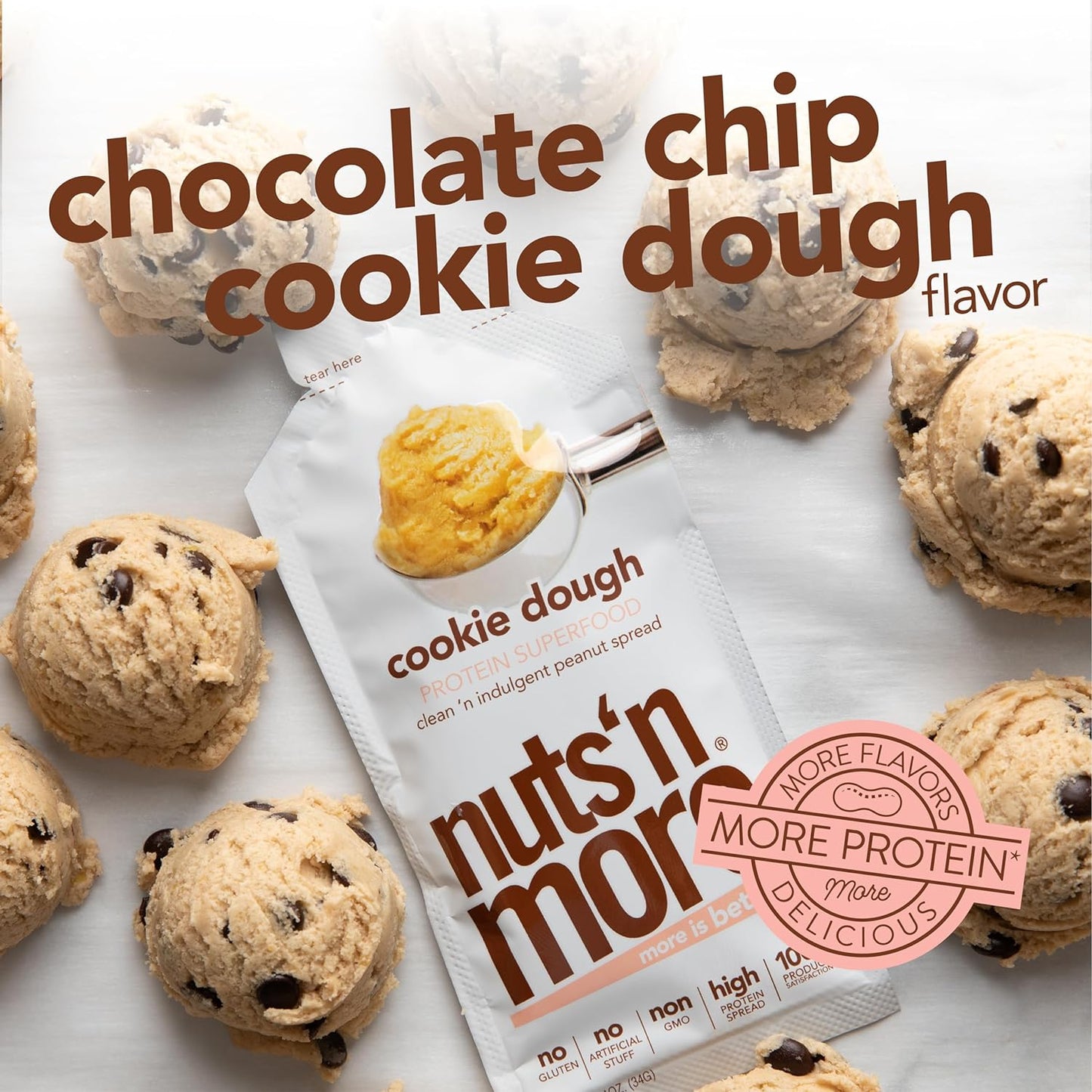 Nuts 'N More Cookie Dough Snack Packs ⎸ High Protein Peanut Spread, All Natural, Healthy, Omega 3’s and Antioxidants ⎸ Low Carb, Low Sugar, Gluten Free, Non GMO (1.10oz Packets, 10 Pack)