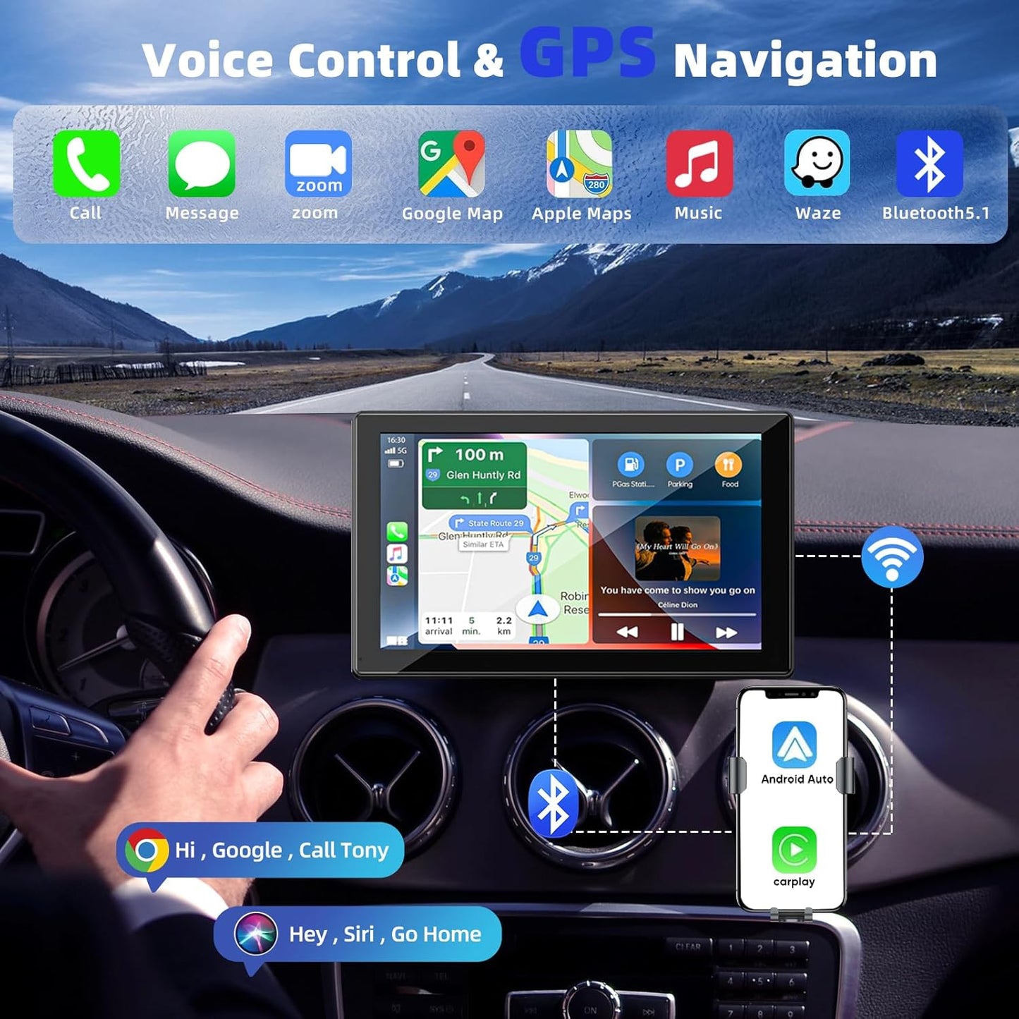 9 Inches Wireless Apple Carplay Touch Screen for car with 4K Dash Cam,Universal Wireless CarPlay Screen for Old Car,Portable Car Play & Android Auto Car Screen With1080p Backup Camera