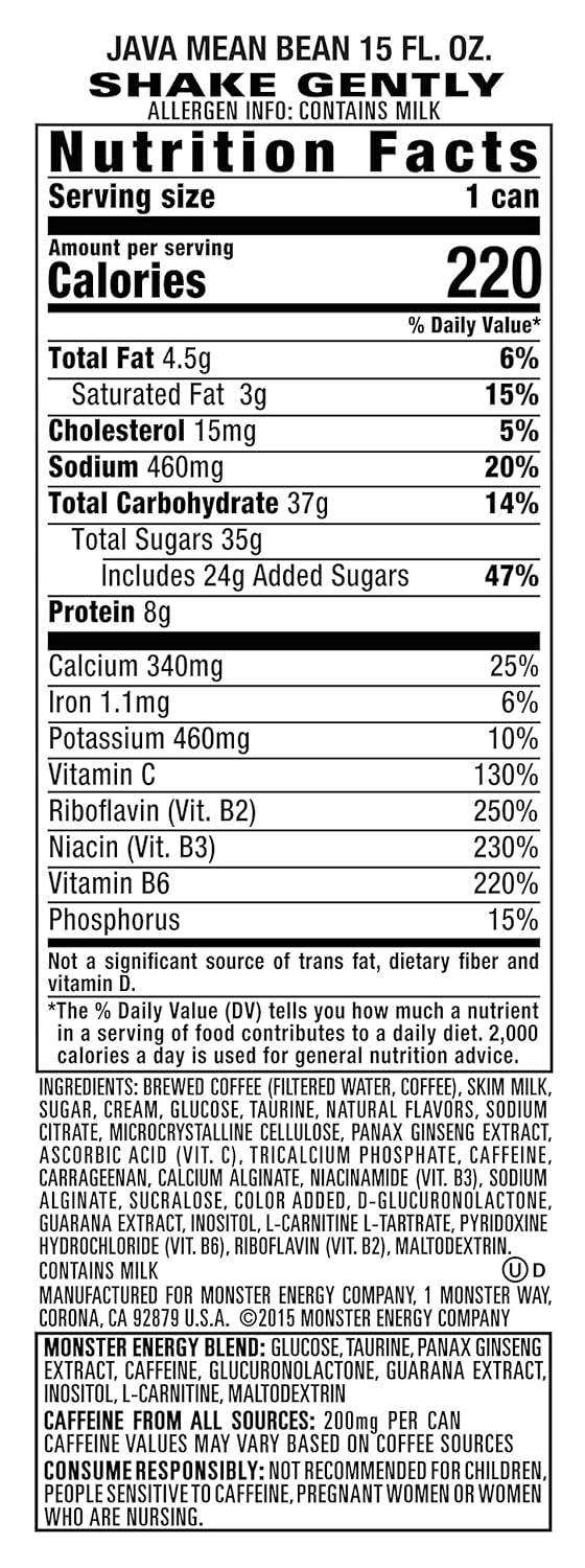Monster Energy Java Monster Mean Bean, Coffee + Energy Drink, 15 Fl Oz (Pack of 12)