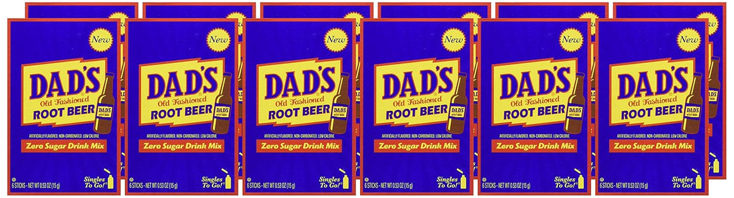 Dad's Old Fashioned Root Beer Singles To Go Sugar Free Powder Drink Mix 6 Sticks Per Box, 12 Boxes (72 Total Sticks)