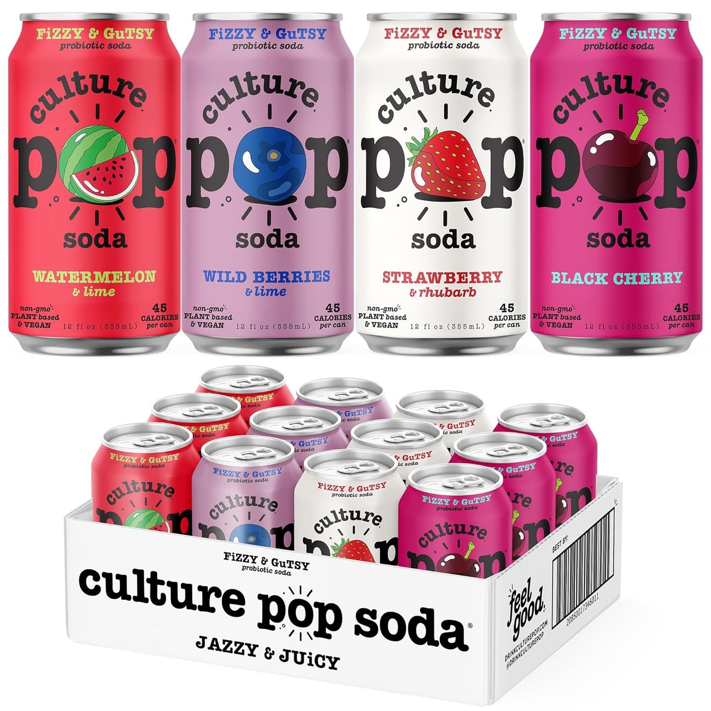 Culture Pop Soda Sparkling Probiotic Drink, Vegan Soda for Gut Health, Non-GMO, GF, No Added Sugar, 12 Pack, 12 Fl Oz Cans, Jazzy & Juicy Variety Pack