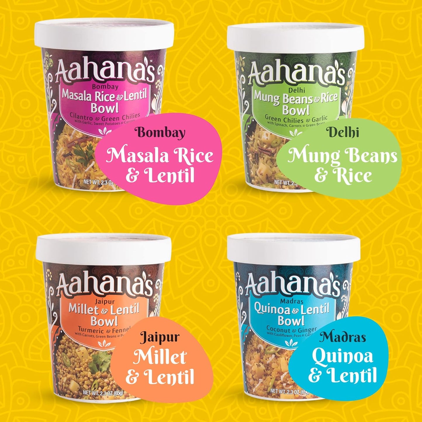 Aahana's Lentil & Rice Protein Bowl (Kitchari) Prepared Meals- Ready to Eat Meals, Vegan, Gluten-Free, Plant-Based Food- High Protein, Just Add Water Meals - Indian Food- 4 Pack