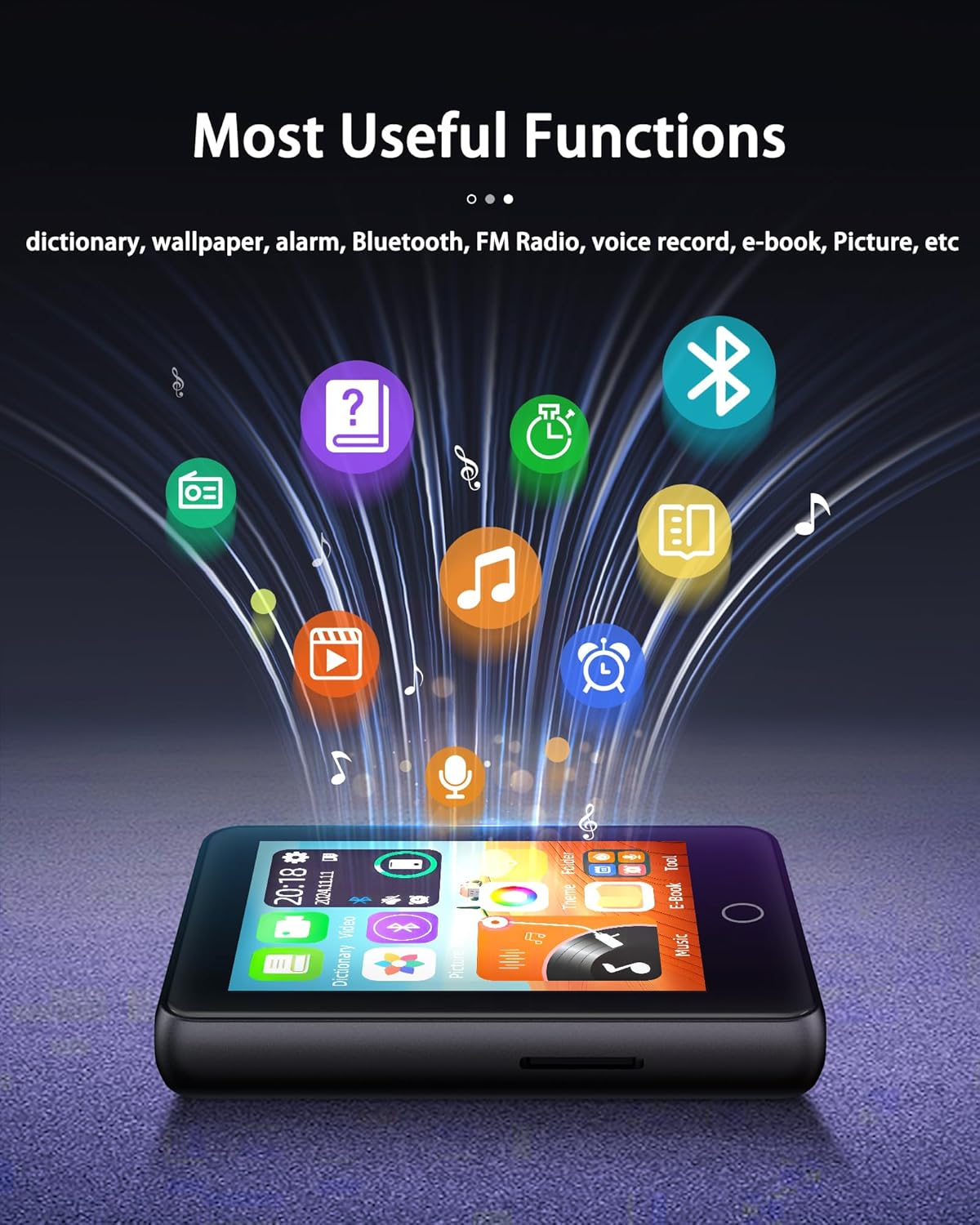 80GB MP3 Player with Bluetooth 5.3, Portable 2.4" Full Touch Screen Music Player for Kids, with HiFi Lossless Sound Speaker,Dictionary,Video,FM Radio,Voice Recorder,E-Book Function,Earphones Included