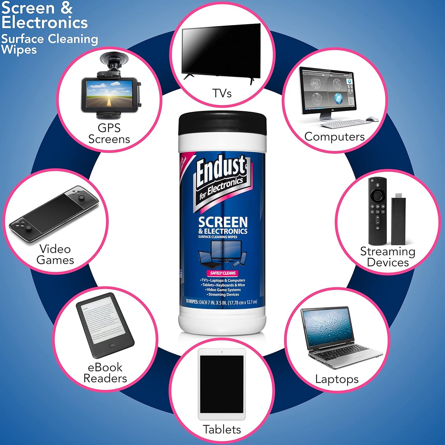 Endust for Electronics; Screen & Surface Cleaning Wipes, Great LCD and Plasma Wipes, 70 Wipes (11506)