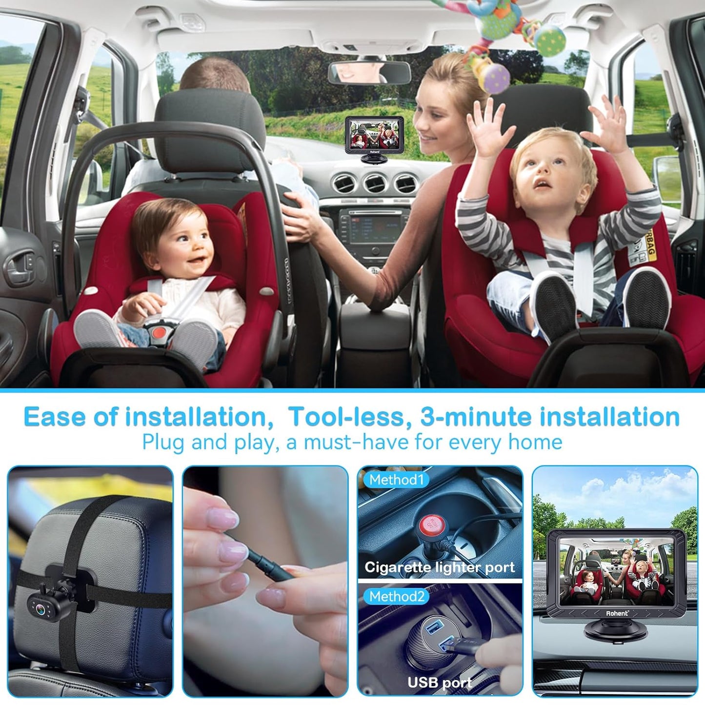 Rohent Baby Car Camera - 5-Inch HD 1080P, Night Vision, Easy Install, Rear & Forward-Facing Seat Camera, USB Powered Baby Camera for Car, Safety for Infants and Toddlers, No Tools Required