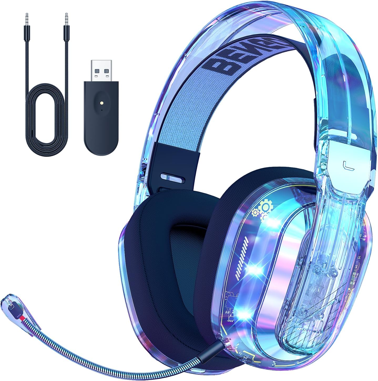 BENGOO Wireless Gaming Headset for PS5, PS4, PC, Switch, Mac, 2.4GHz USB Over Ear Gaming Headphones with Crystal RGB Lights, Bluetooth 5.3, Noise Isolating Microphone, 3.5mm Wired for Controller