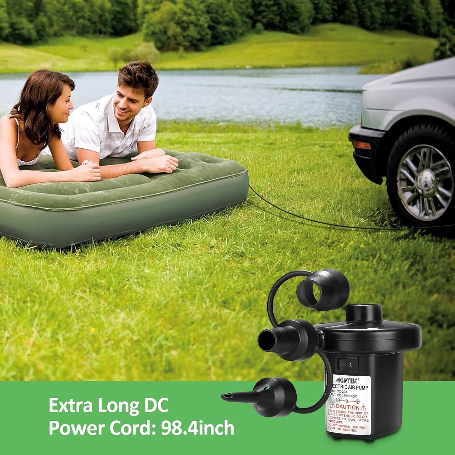 AGPTEK Electric Air Pump, Portable Quick-Fill Air Pump with 3 Nozzles, 4.5kPa, 110V AC/12V DC, Inflator/Deflator Pumps for Outdoor Camping, Inflatable Air Mattress Beds, Boats, Swimming Ring