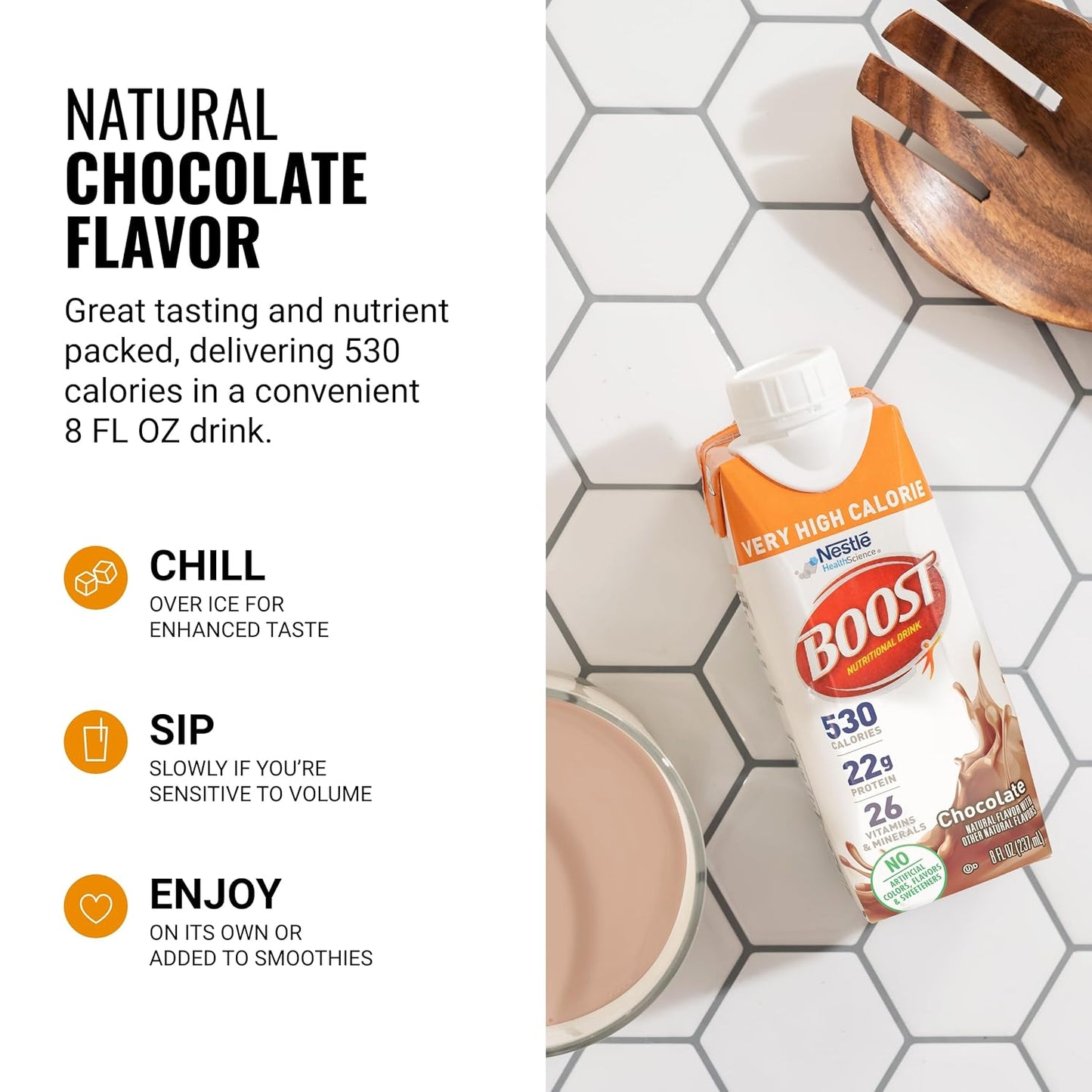 Boost Very High Calorie Chocolate Nutritional Drink – 22g Protein, 530 Nutrient Rich Calories, 8 Fl Oz (Pack of 24)