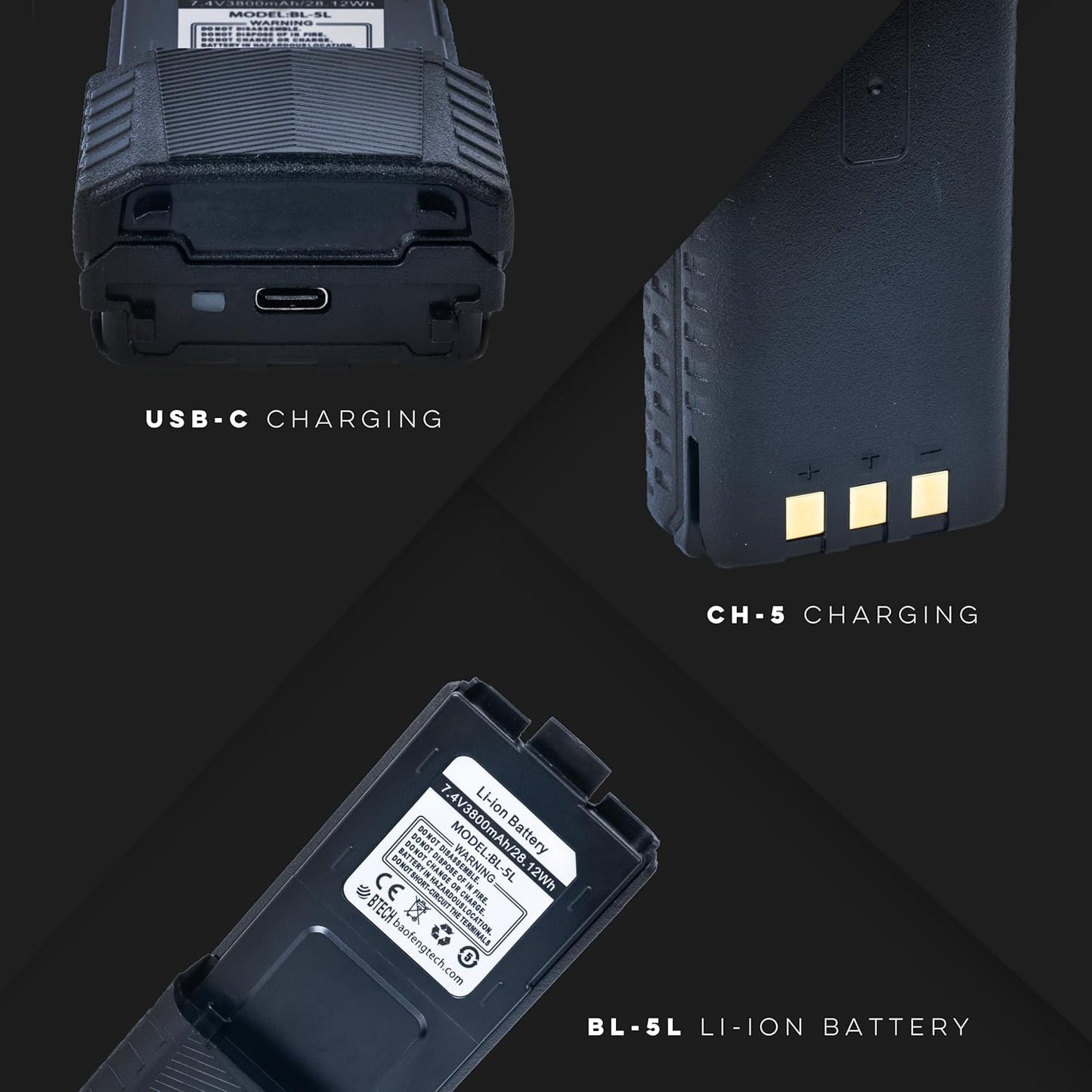 BTECH BL-5L 3800mAh USB-C Charging Li-ion Battery Pack, High Capacity Extended Battery for UV-5X3, BF-F8HP, and BaoFeng UV-5R Series Radios (BL-5 Battery Series)