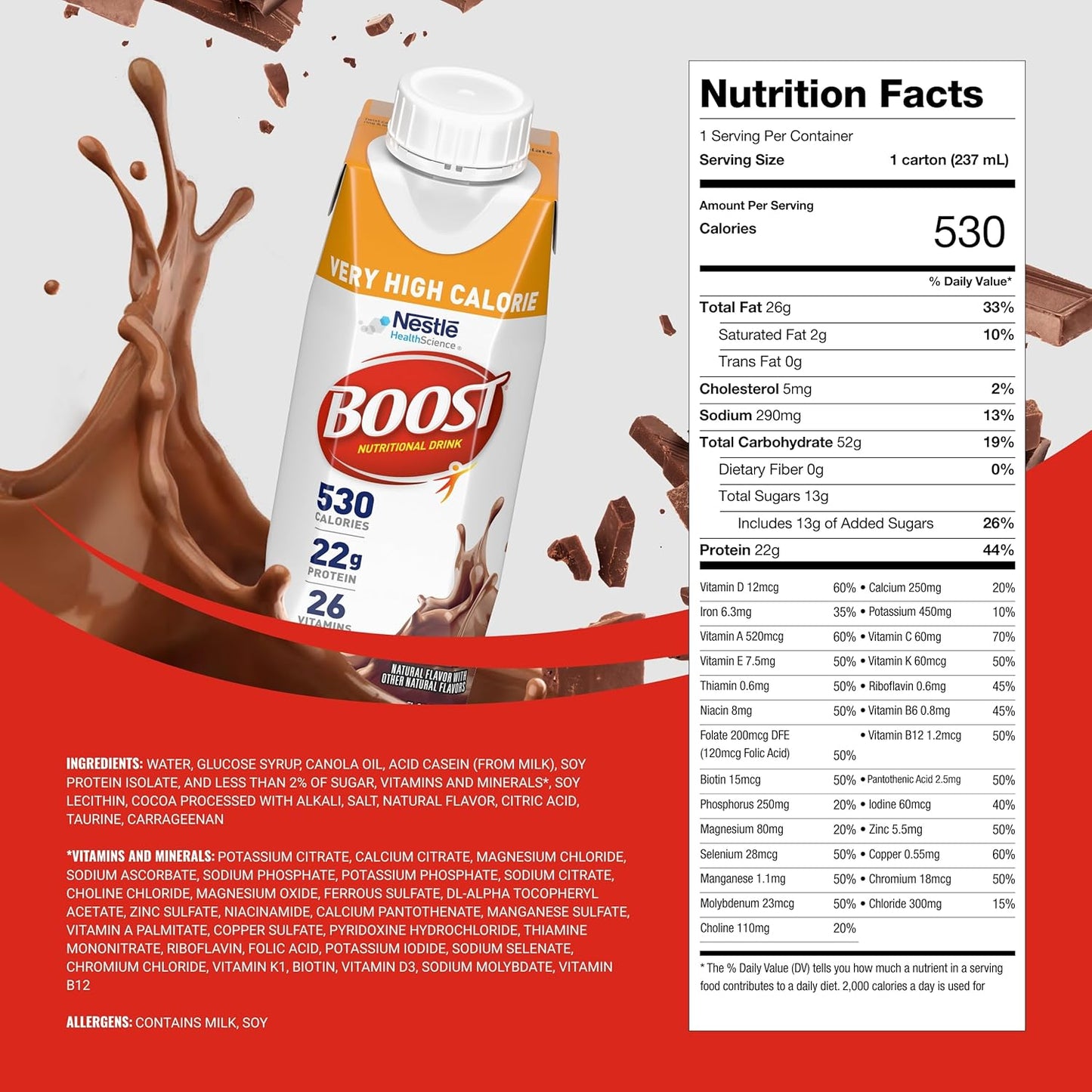 Boost Very High Calorie Chocolate Nutritional Drink – 22g Protein, 530 Nutrient Rich Calories, 8 Fl Oz (Pack of 24)