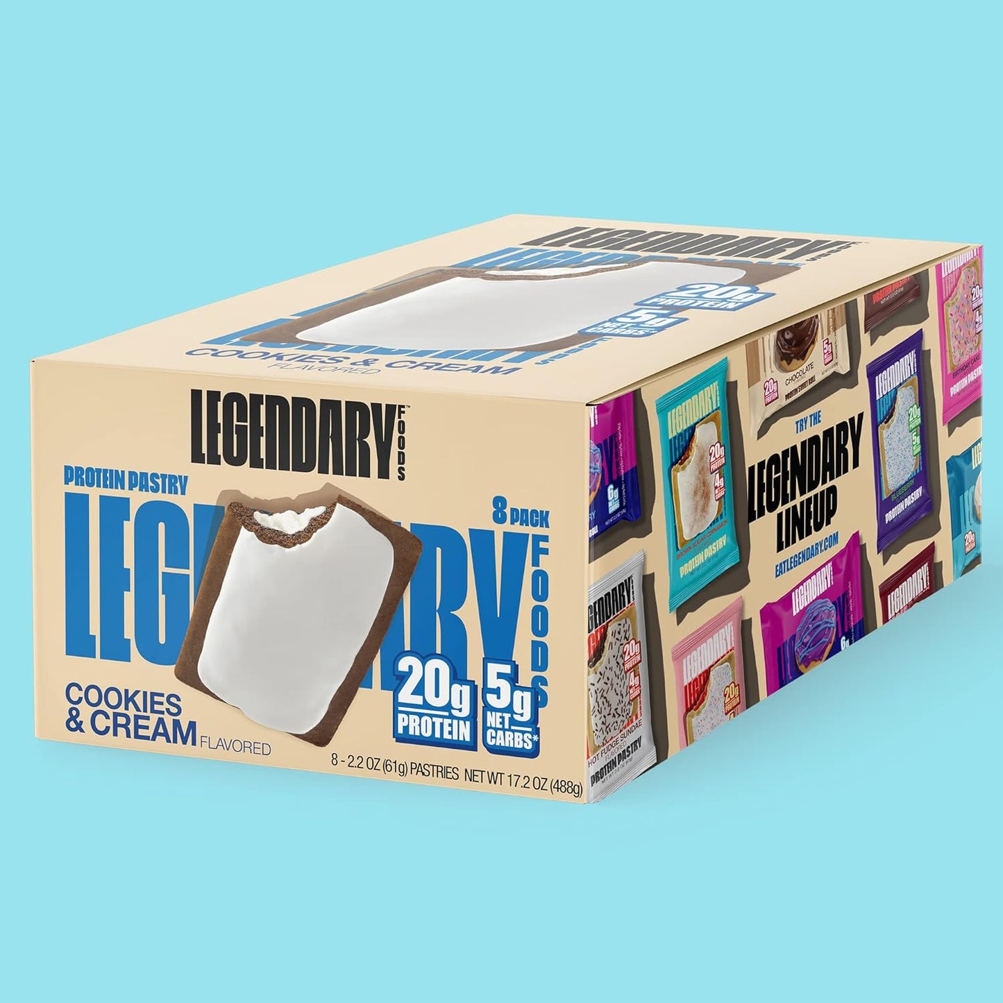 Legendary Foods 20 gr Protein Pastry, Low Carb, Tasty Protein Bar Alternative, Keto Friendly, No Sugar Added, High Protein Breakfast Snacks, Gluten Free Keto Food - Cookies and Cream (8-Pack)