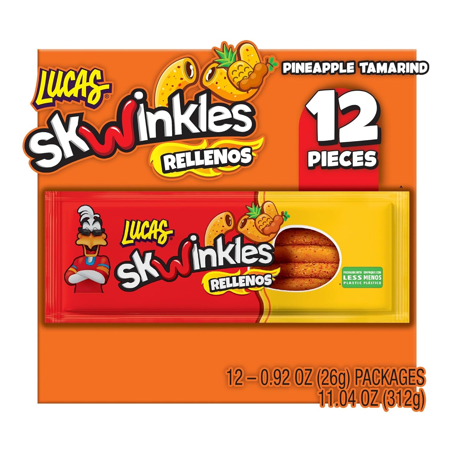 Lucas Skwinkles Pineapple - Tamarind Filled Flavored Sweet & Sour Candy Strips, 0.92oz - 12 Pieces for Treats, Fruit, Parties, Piñatas