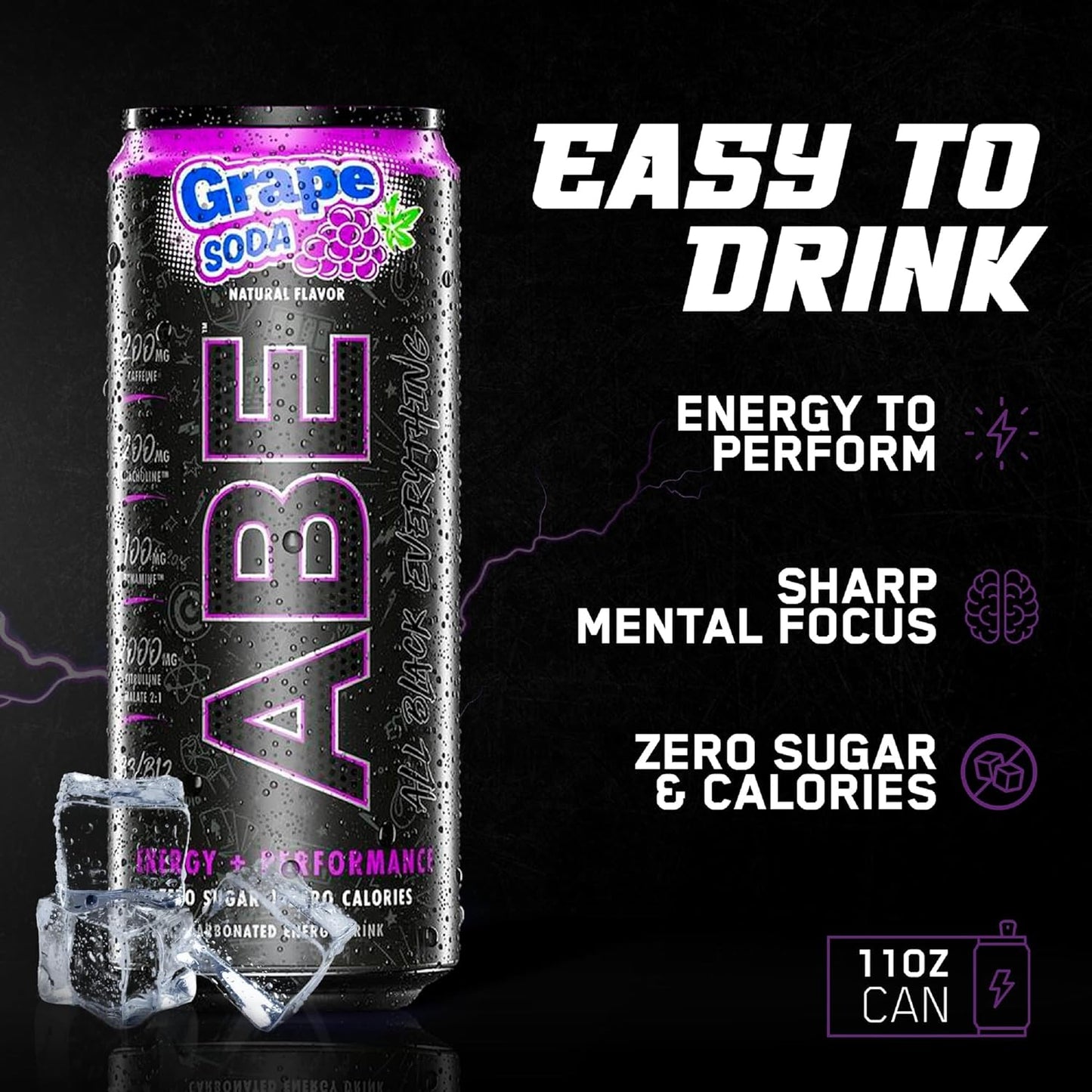 All Black Everything Sugar Free Energy Drink | Grape Soda | 0 Calories | 12 Pack | 200mg Natural Caffeine | Pre-Workout Sport Drink for Men and Women