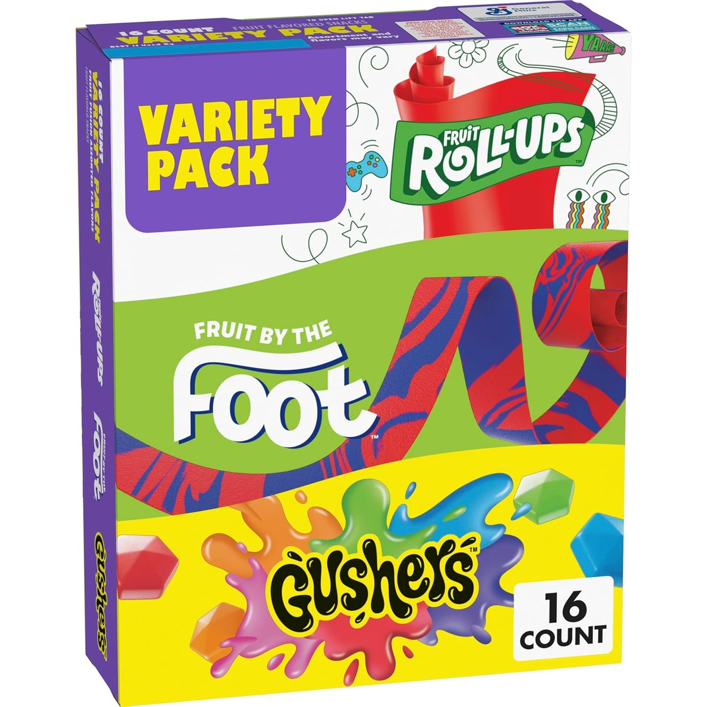 Fruit Roll-Ups, Fruit by the Foot, Gushers, Fruit Flavored Snacks Variety Pack, Gluten Free, 16 Ct, 10.2 oz