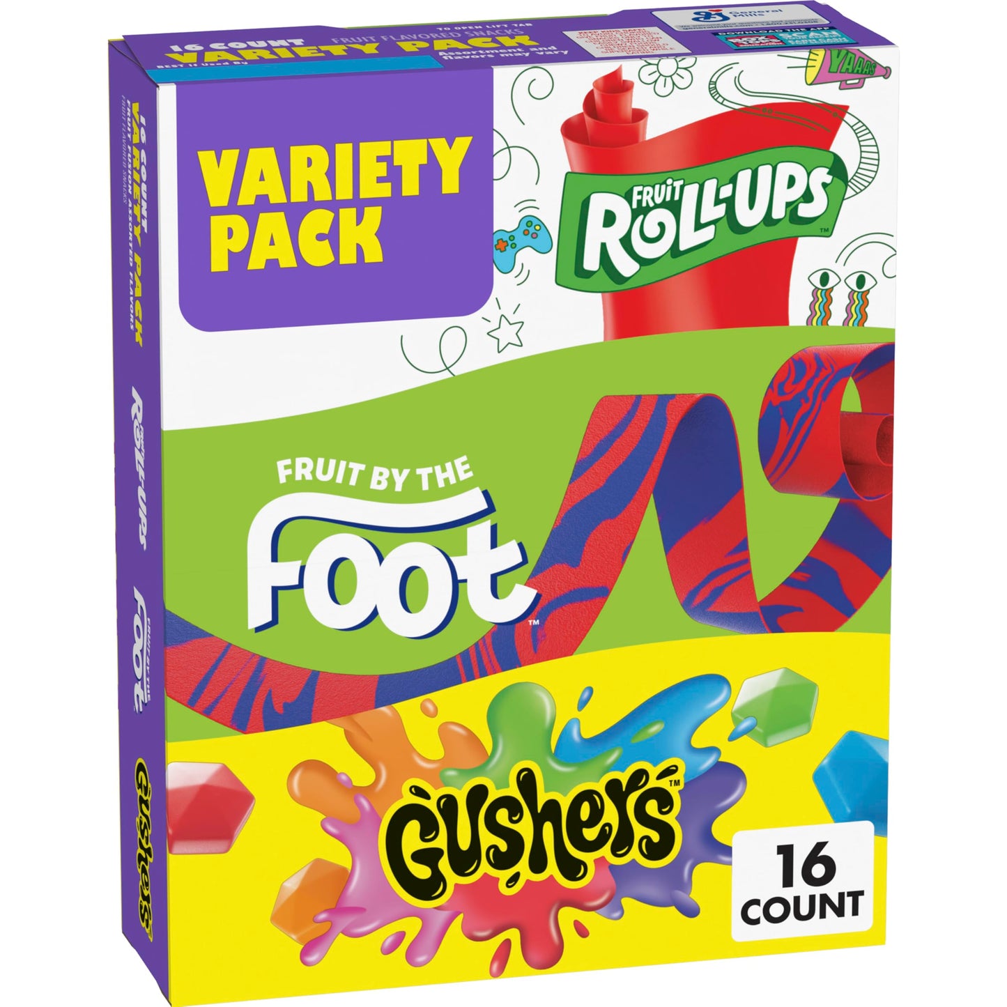 Fruit Roll-Ups, Fruit by the Foot, Gushers, Fruit Flavored Snacks Variety Pack, Gluten Free, 16 Ct, 10.2 oz