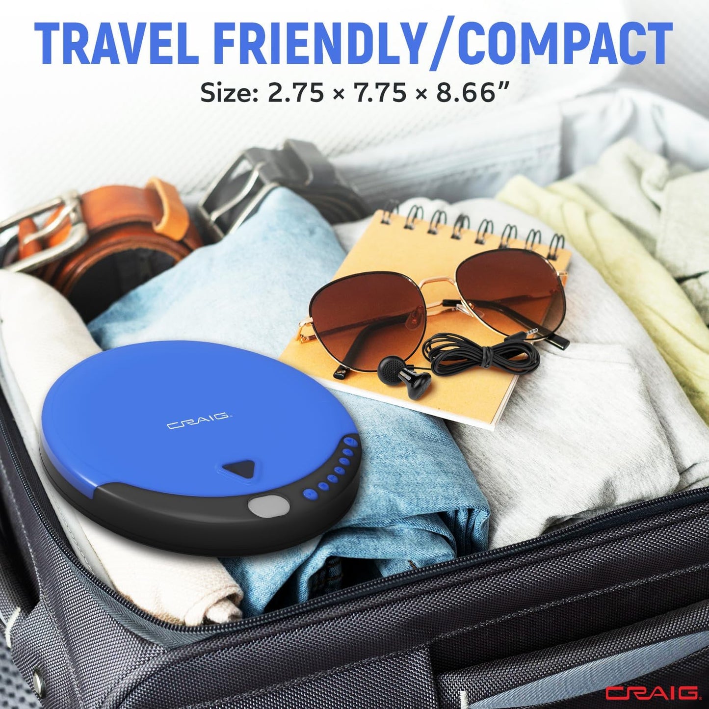 Craig CD2808-BL Personal CD Player with Headphones in Blue and Black | Portable and Programmable CD Player | CD/CD-R Compatible | Random and Repeat Playback Modes |