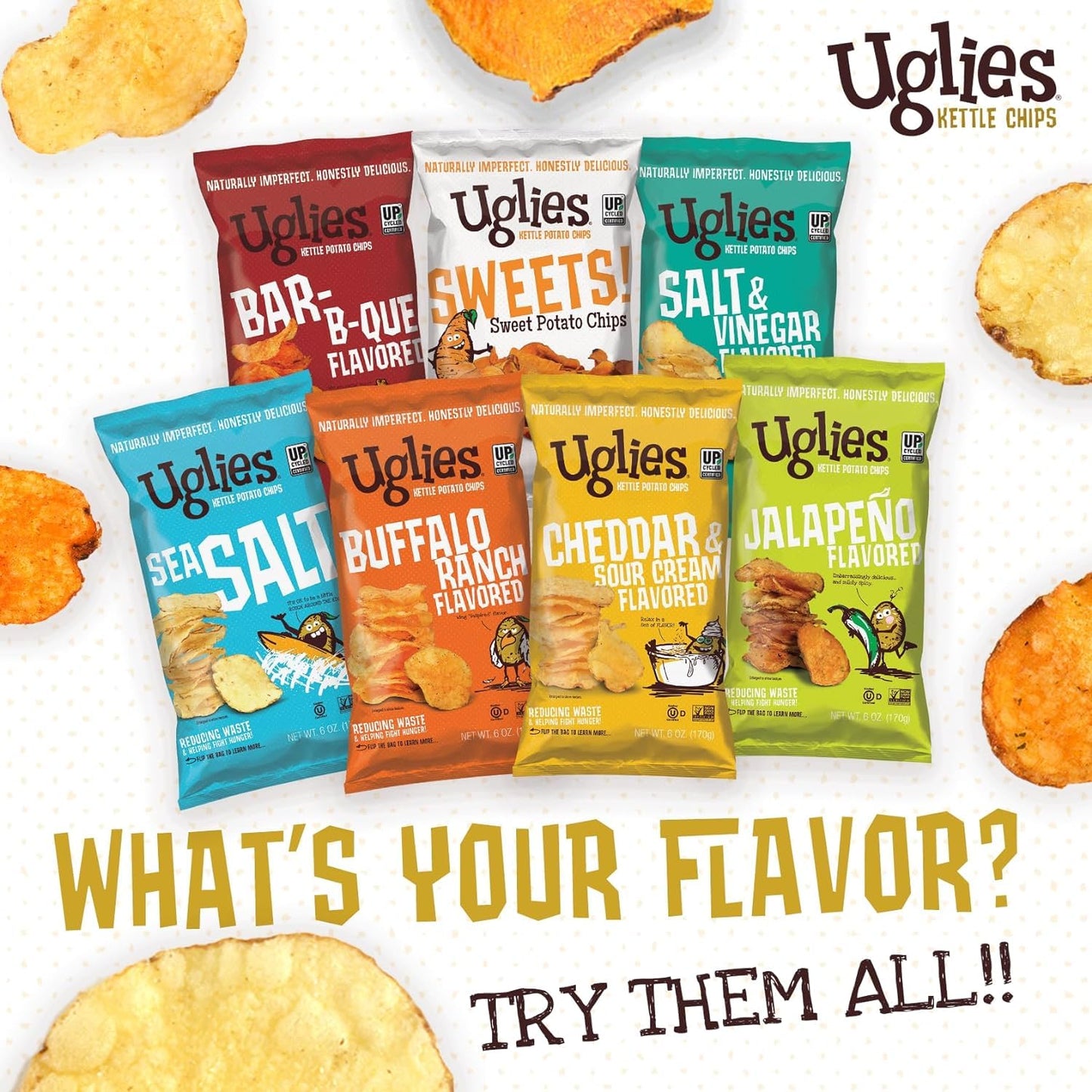 UGLIES Sweet Potato Kettle-Cooked Potato Chips, Gluten-Free Snacks, Kosher-Friendly Chips, Non-GMO Snacks for Kids or Office, Lunch Snacks, Sweet Potato Chips, 1.5 Oz. Bags, Pack of 24
