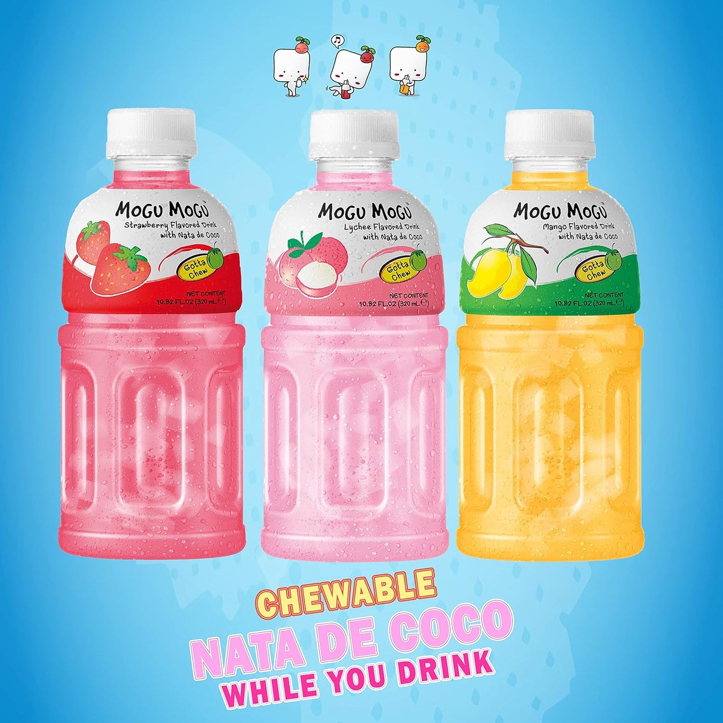 Mogu Mogu drink Variety Pack (6 Bottles) Drinks for kids made with fruit juice variety pack and nata de coco (coconut jelly) Fun chewable juice boxes for kids. Juice bottles with Lychee Juice, Mango Juice and Strawberry Juice