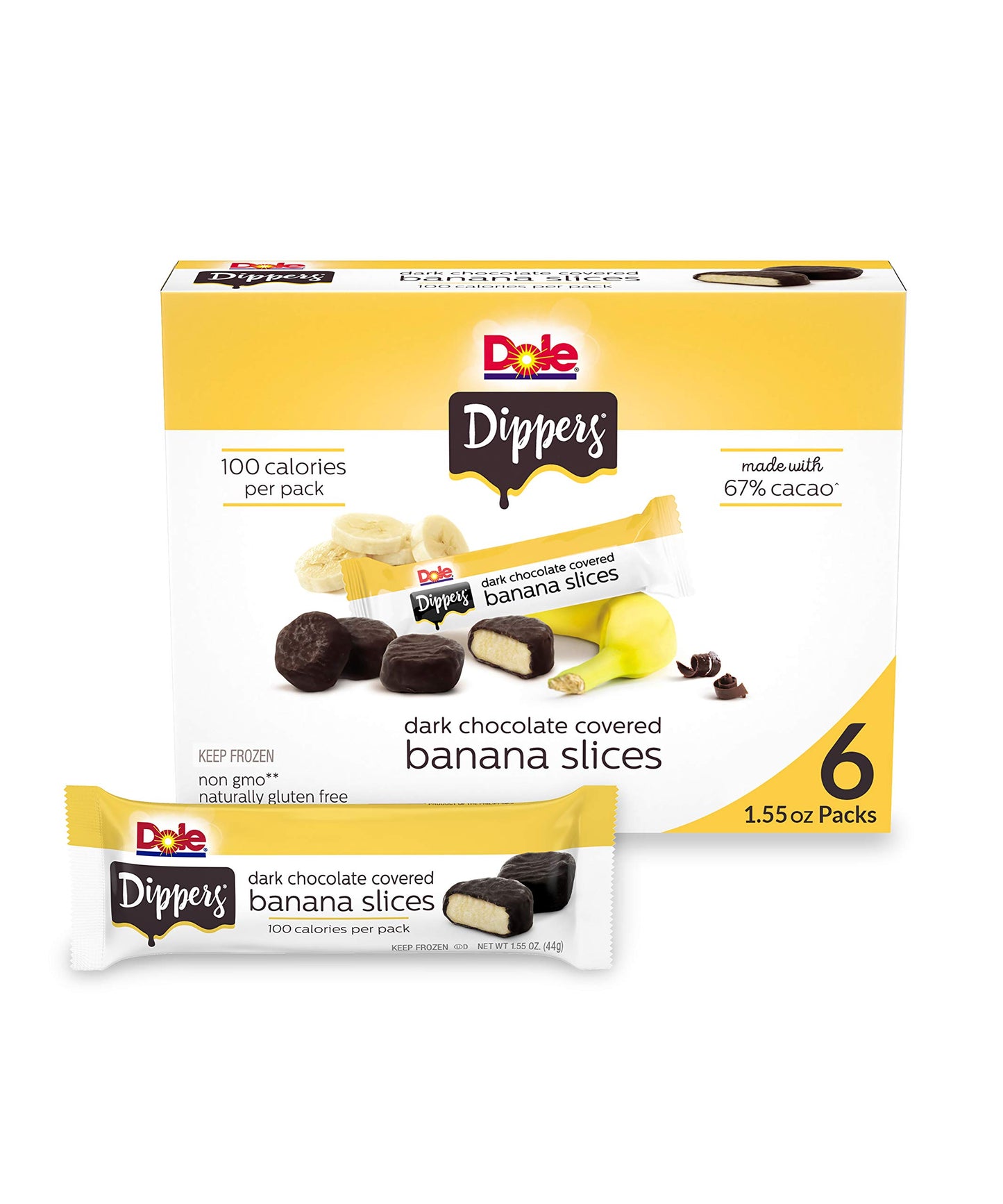 Dole Frozen Dark Chocolate Dippers, Dark Chocolate Covered Banana Slices, 1.55 Oz Pack, 6 Snacks