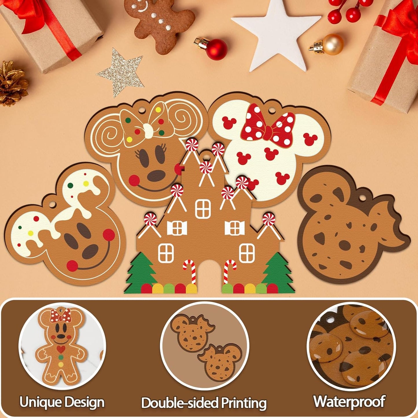 Gingerbread Ornaments for Christmas Tree Decorations, 24pcs Cute Christmas Wooden Gingerbread Man House Mouse Hanging Ornaments for Xmas Home Kitchen Decor Holiday Christmas Tree Party Supplies