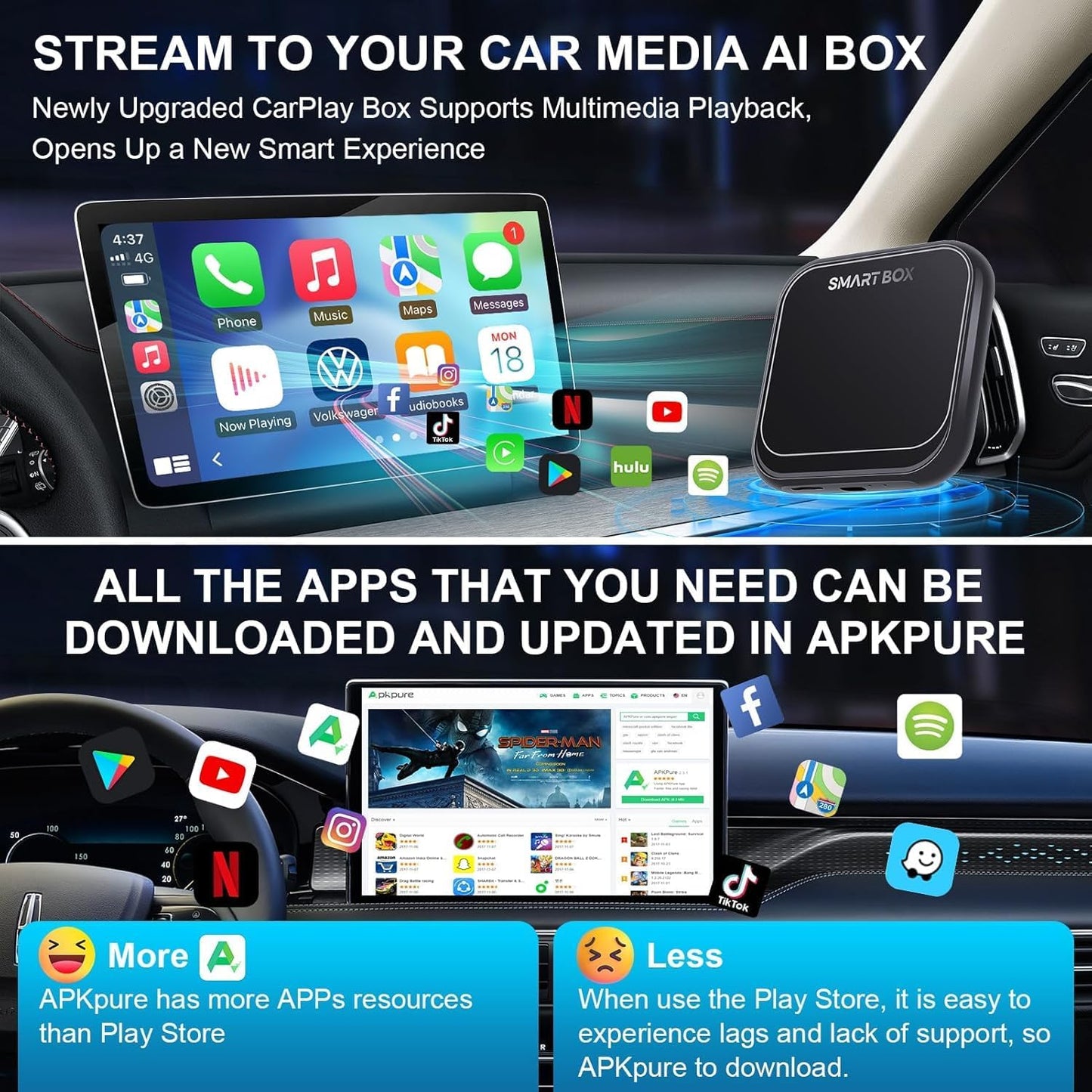 Bolidut 4 in 1 Wireless CarPlay Android Auto Wireless Adapter for iPhone, Upgrade Convert Smart AI Box Fits Netflix YouTube TikTok Stream Media Play Store TF Card for Cars with Wired Carplay (Black)