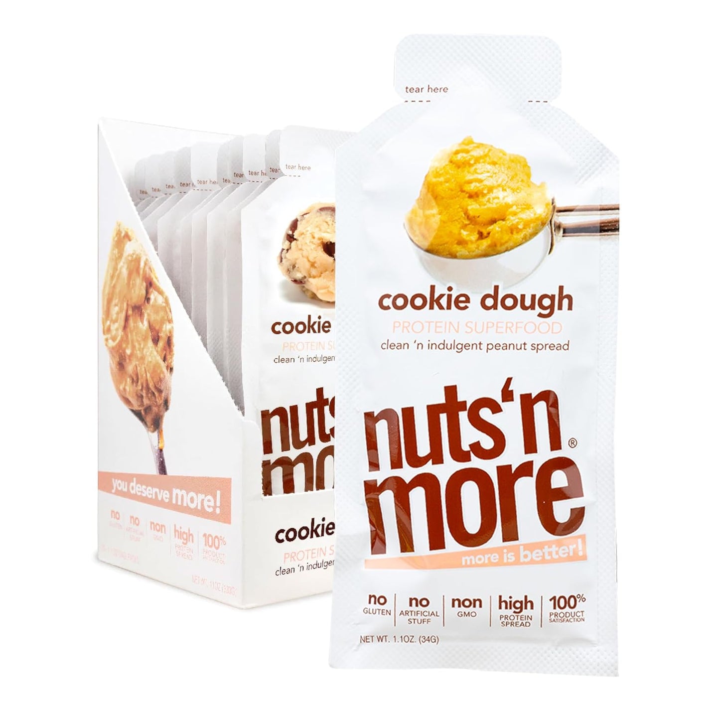 Nuts 'N More Cookie Dough Snack Packs ⎸ High Protein Peanut Spread, All Natural, Healthy, Omega 3’s and Antioxidants ⎸ Low Carb, Low Sugar, Gluten Free, Non GMO (1.10oz Packets, 10 Pack)