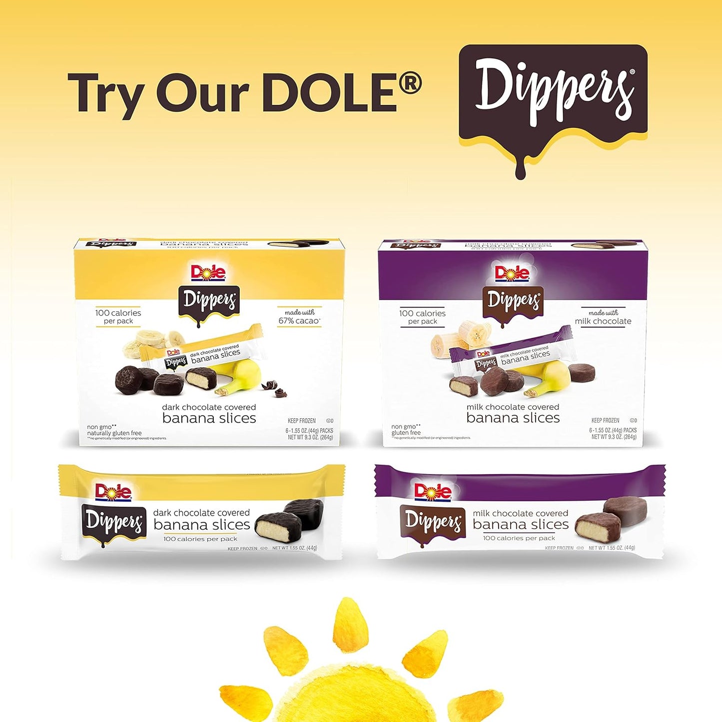 Dole Frozen Dark Chocolate Dippers, Dark Chocolate Covered Banana Slices, 1.55 Oz Pack, 6 Snacks