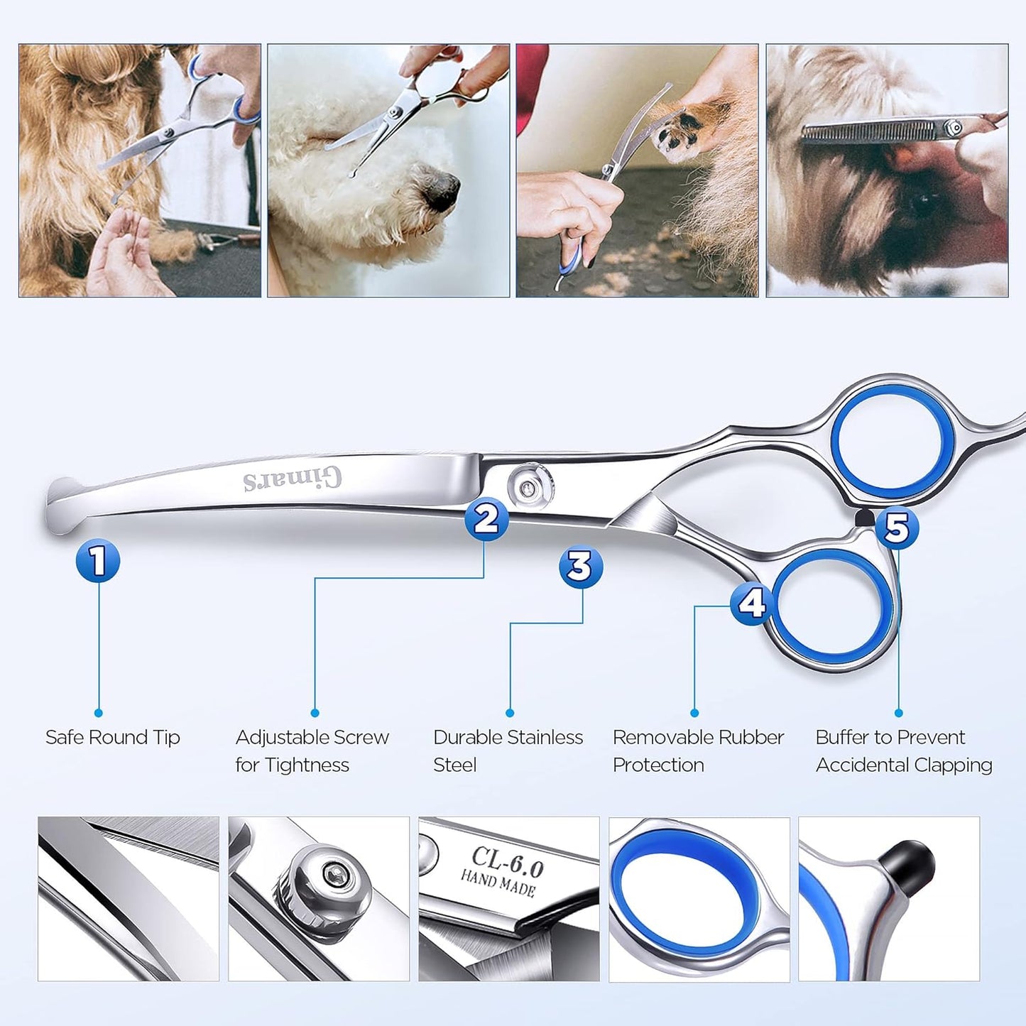 Gimars Titanium Coated Professional 6 in 1 4CR Stainless Steel Dog Grooming Scissors with Safety Round Tip, Heavy Duty Pet Grooming Scissor for Dogs, Cats and Other Animals