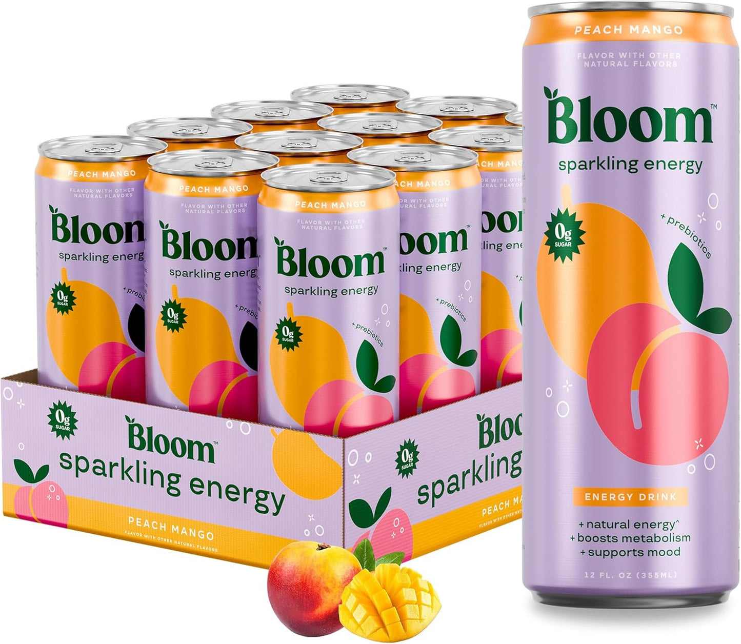 Bloom Sparkling Energy Drink - Natural Caffeine, Zero Sugar, 180mg Caffeine - Antioxidant-Rich w/Green Coffee Bean, Green Tea Extract, Prebiotics - Wellness Beverage for Focus & Metabolism 12oz 12 pk