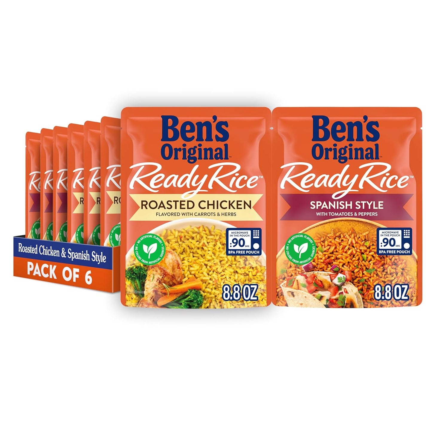 BEN'S ORIGINAL Ready Rice Roasted Chicken and Spanish Style Flavored Rice Variety Pack, Easy Dinner Sides, 8.8 OZ Pouch (Pack of 6)"