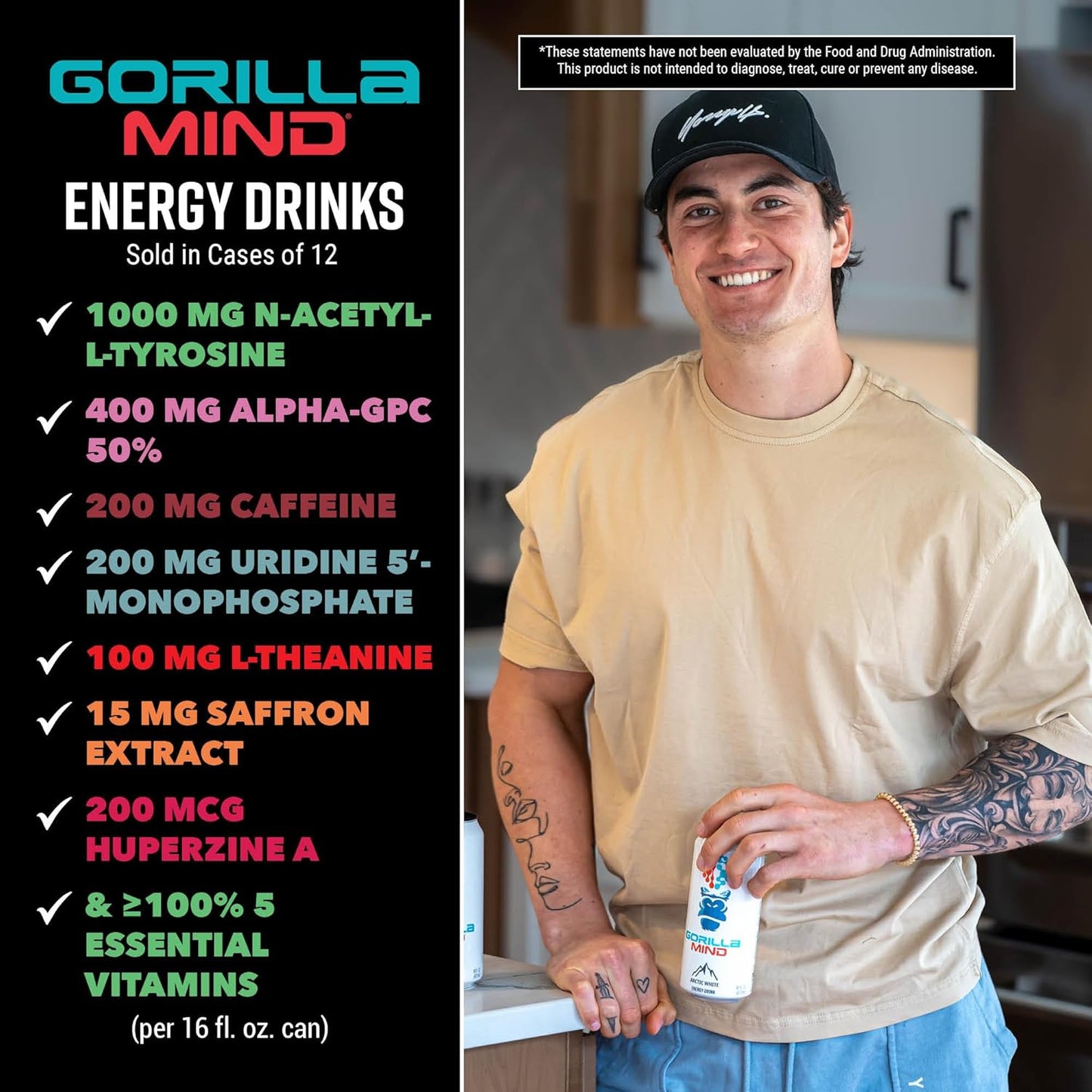 Gorilla Mind Energy Drink | Unmatched Energy · Amplified Focus | N-Acetyl-L-Tyrosine, Alpha-GPC, 200mg Caffeine, Uridine, Saffron | 0 Sugar Or Artificial Colors | 16oz, 12-Pack (Black Cherry Vanilla)