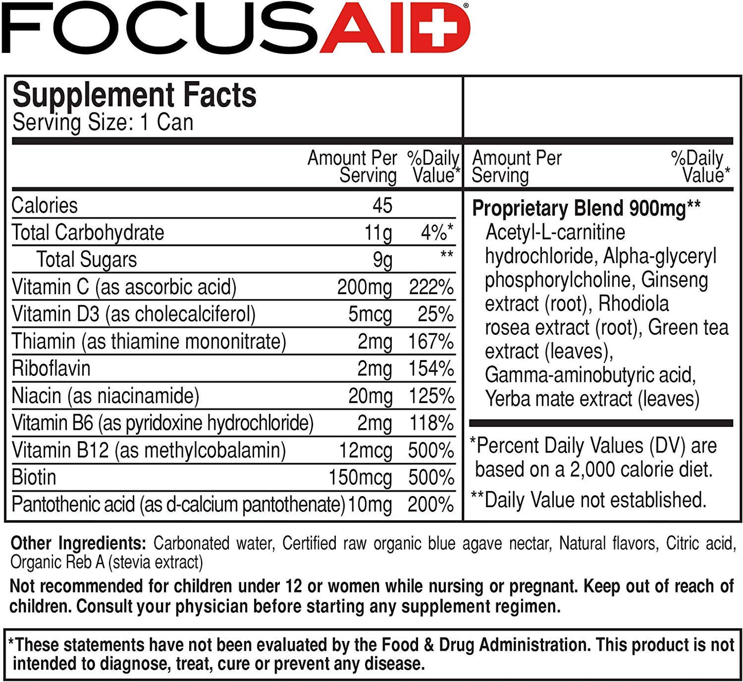 FOCUSAID Energy Blend | Nootropics Drink for Brain Fuel | Alpha-GPC, GABA, B-Complex, Yerba Mate, Green Tea | 100% Clean |100mg Natural Caffeine | 12-oz. can